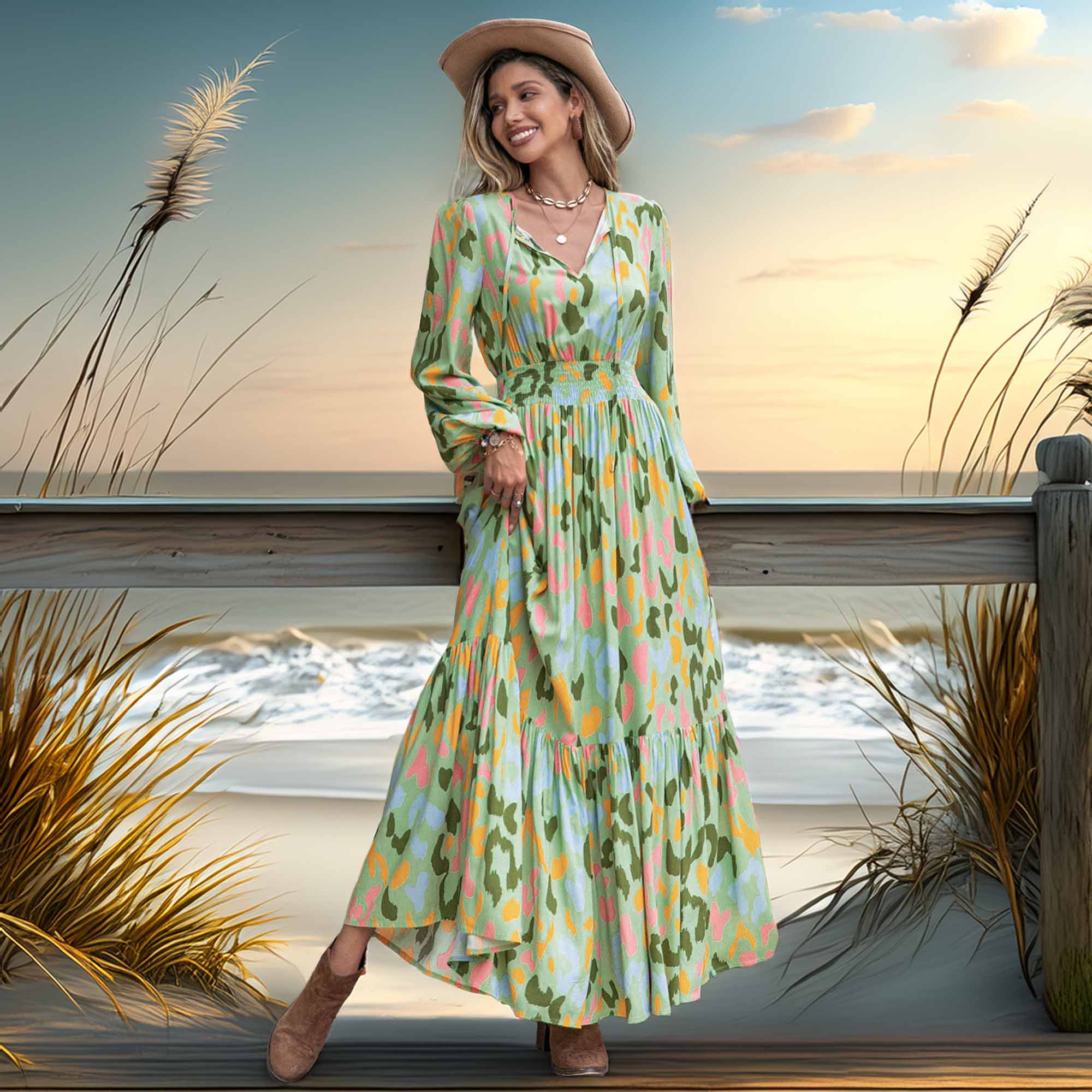 Printed Tie Neck Long Sleeve Maxi Dress