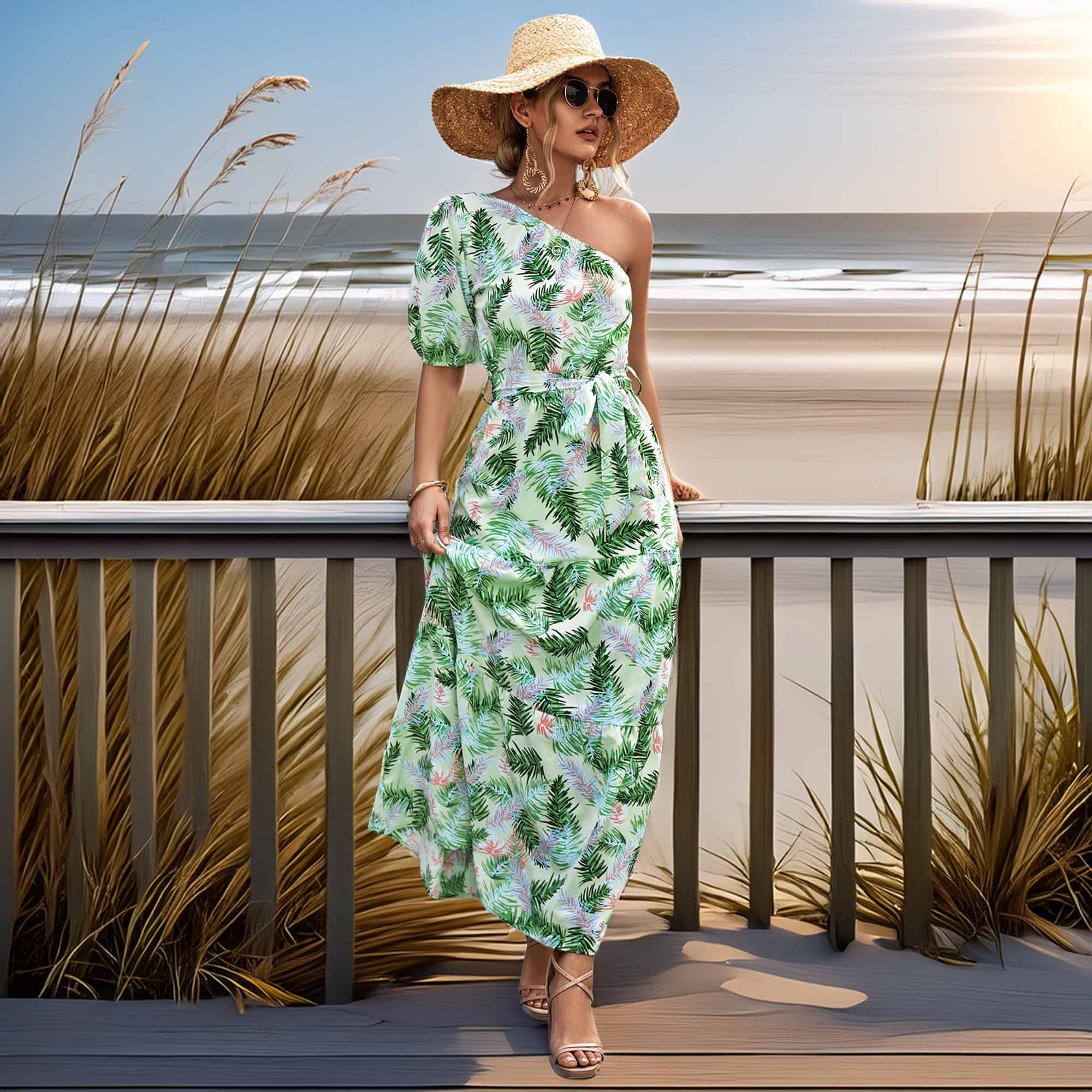 Printed Tie Waist One Shoulder Maxi Dress