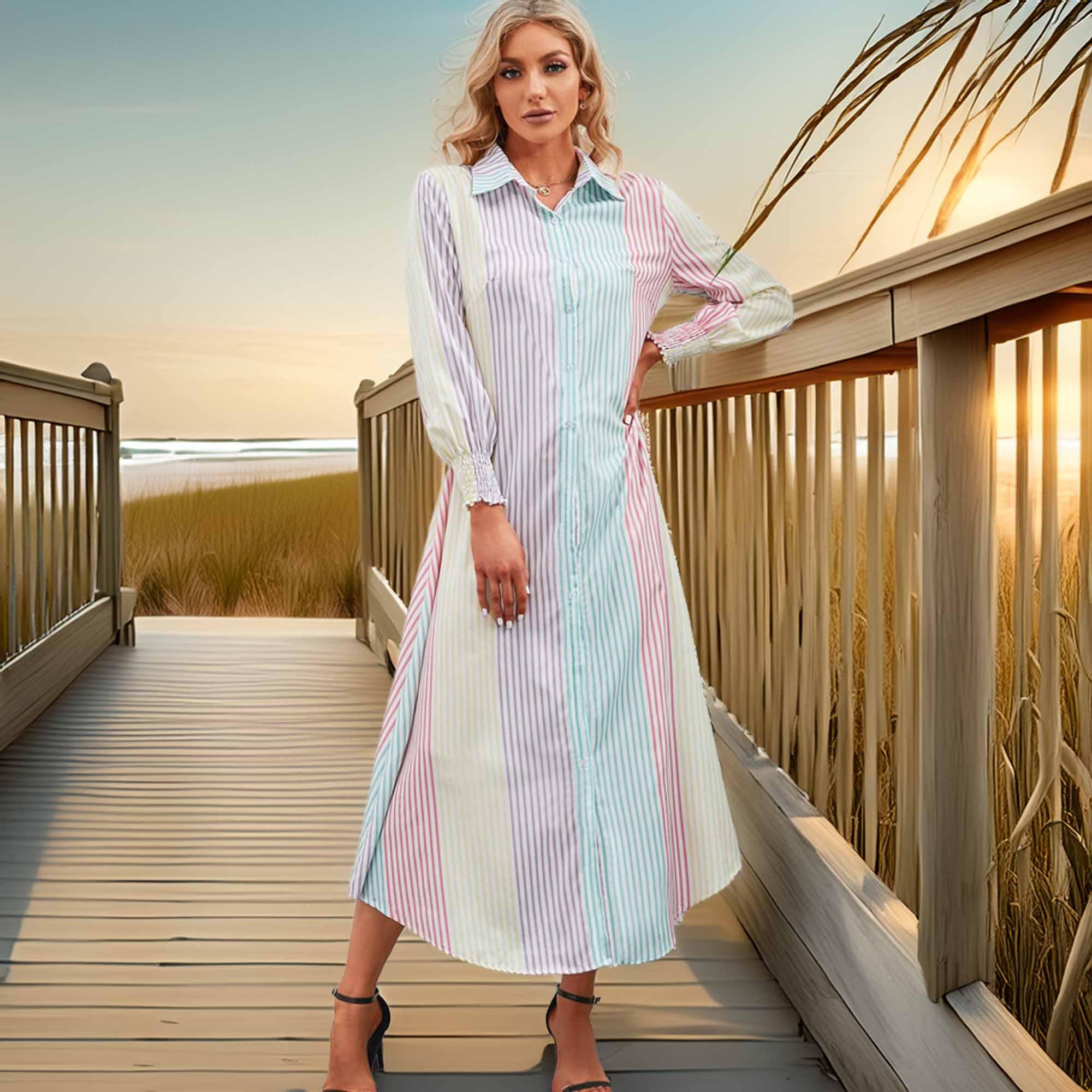 Stripe Button Up Maxi Shirt Dress With Relaxed Silhouette - Southern Shores Clothing