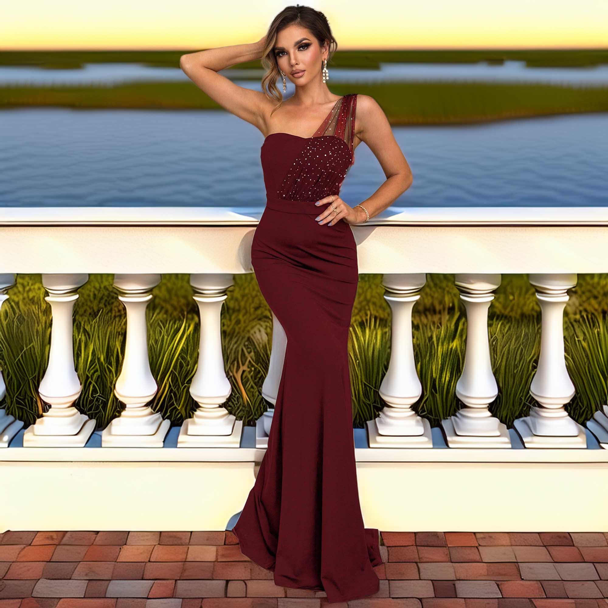 Rhinestone One-Shoulder Formal Dress