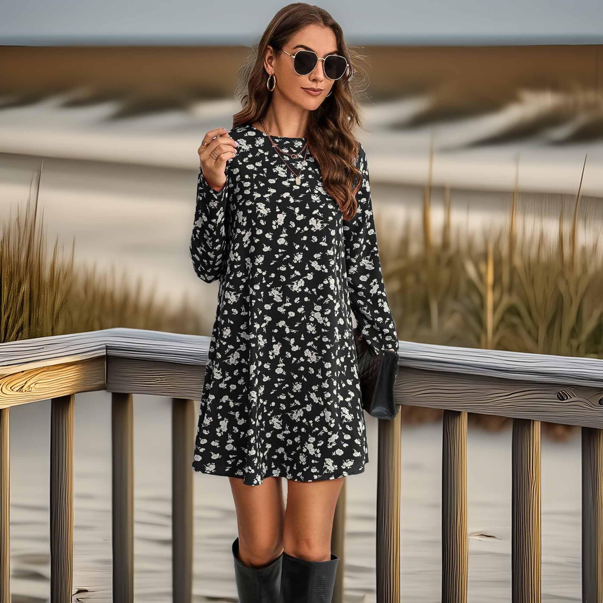 Round Neck Long Sleeve Mini Dress - Southern Shores Clothing