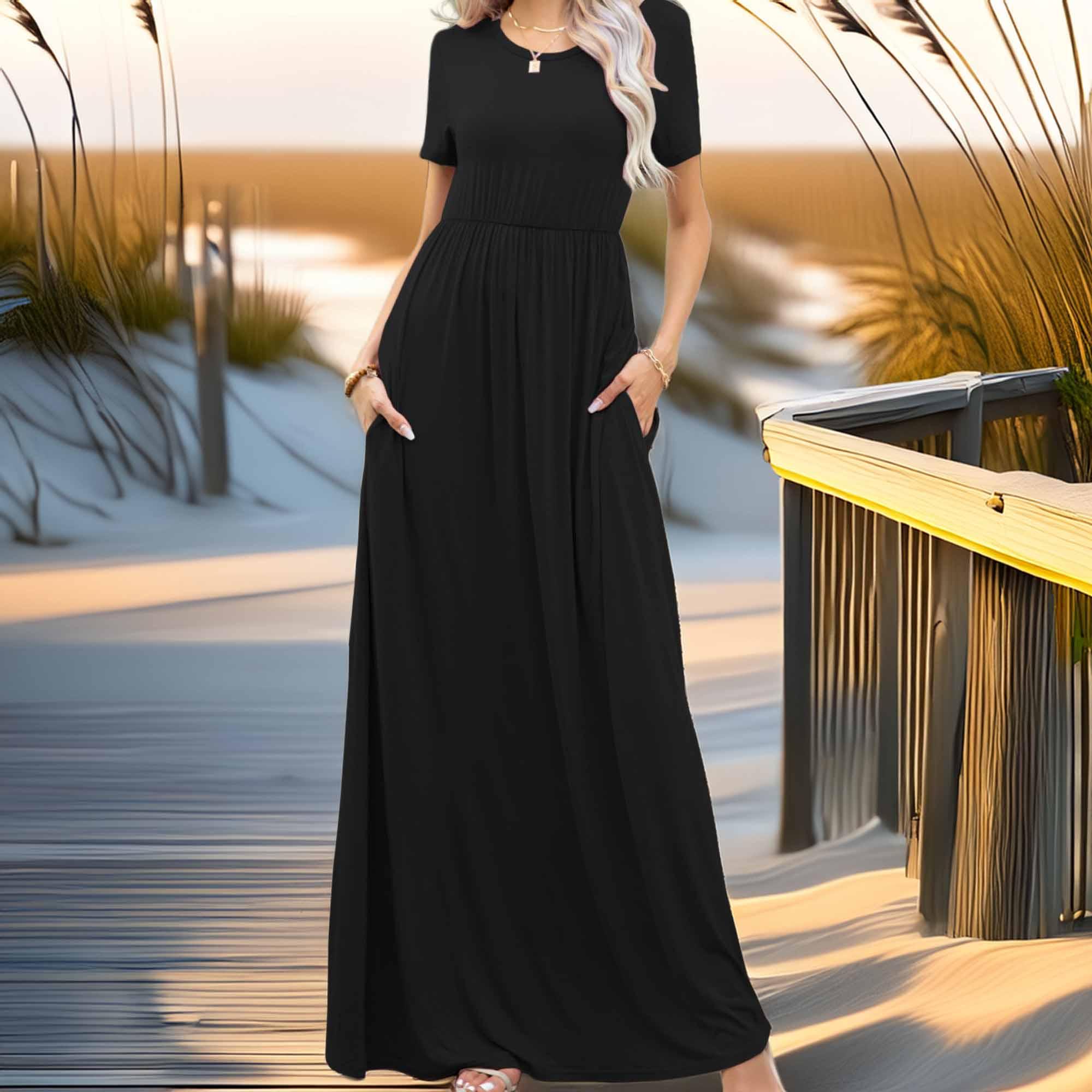 Round Neck Maxi Tee Dress with Pockets - Southern Shores Clothing