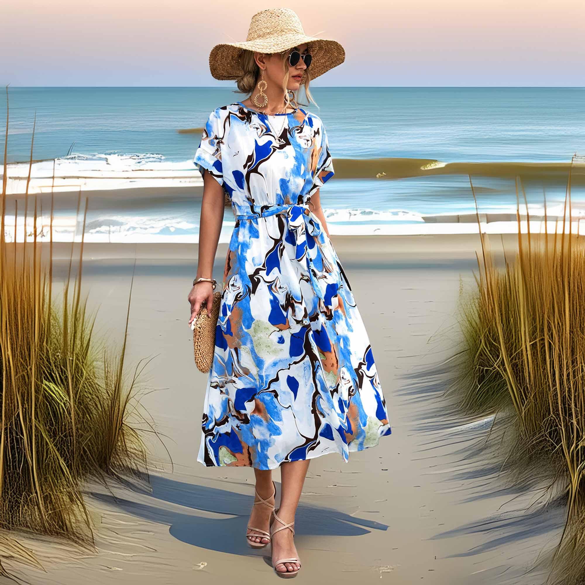 Round Neck Short Sleeve Tie Waist Midi Dress