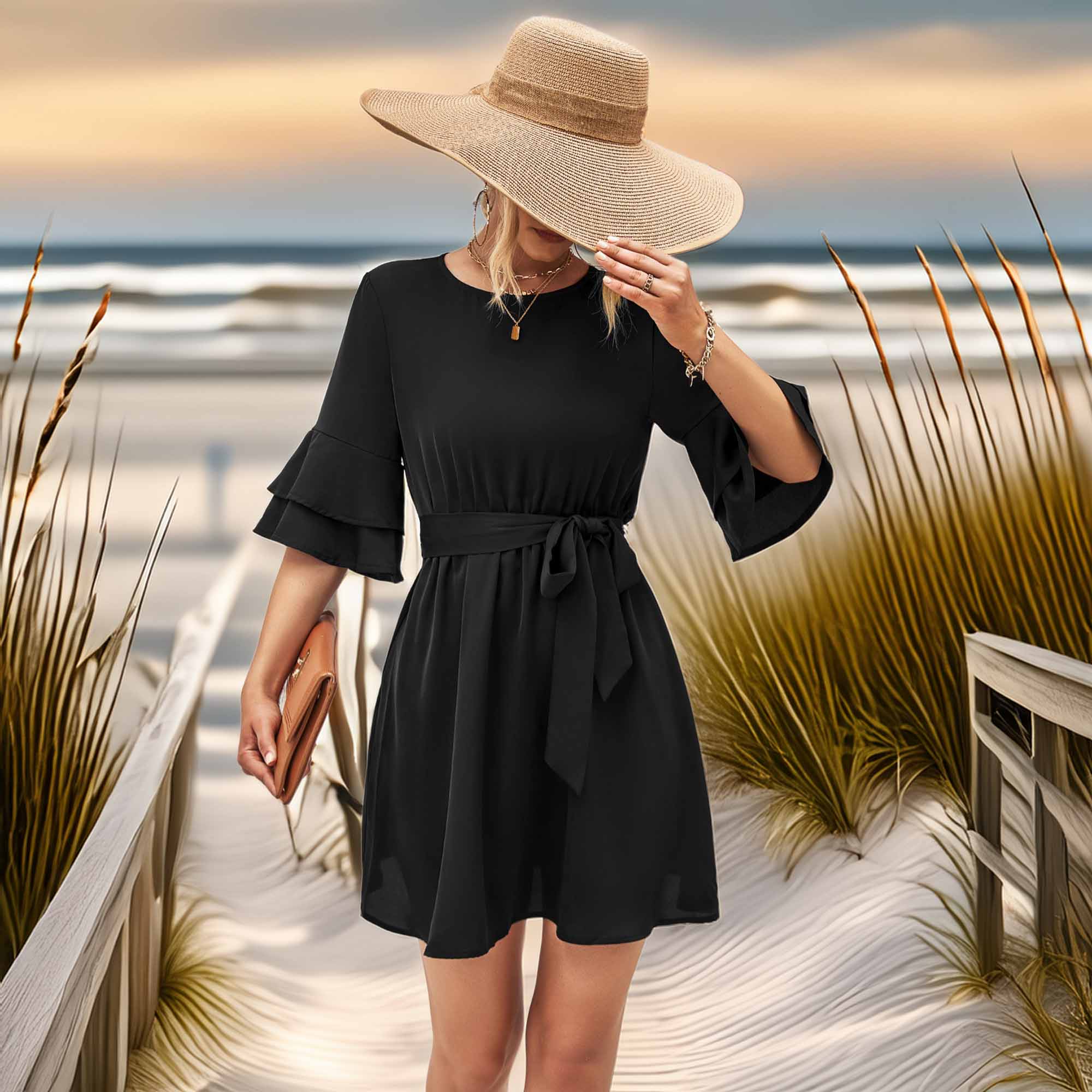 Round Neck Tie Belt Flounce Sleeve Dress