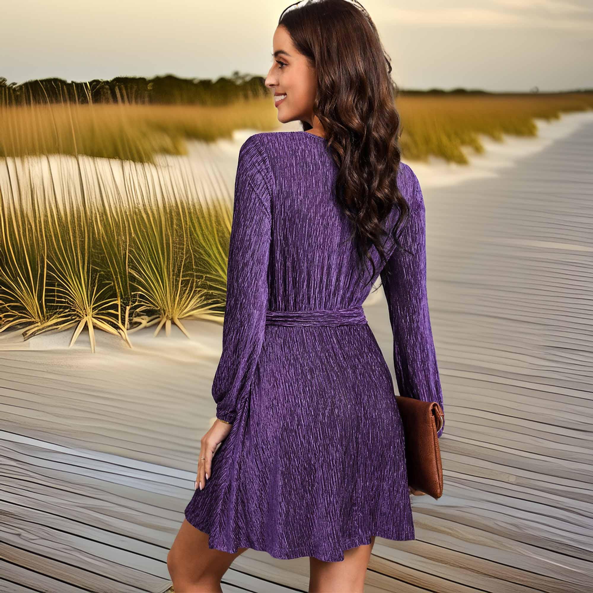 Casual Everyday Round Neck Tie Front Long Sleeve Dress - Southern Shores Clothing