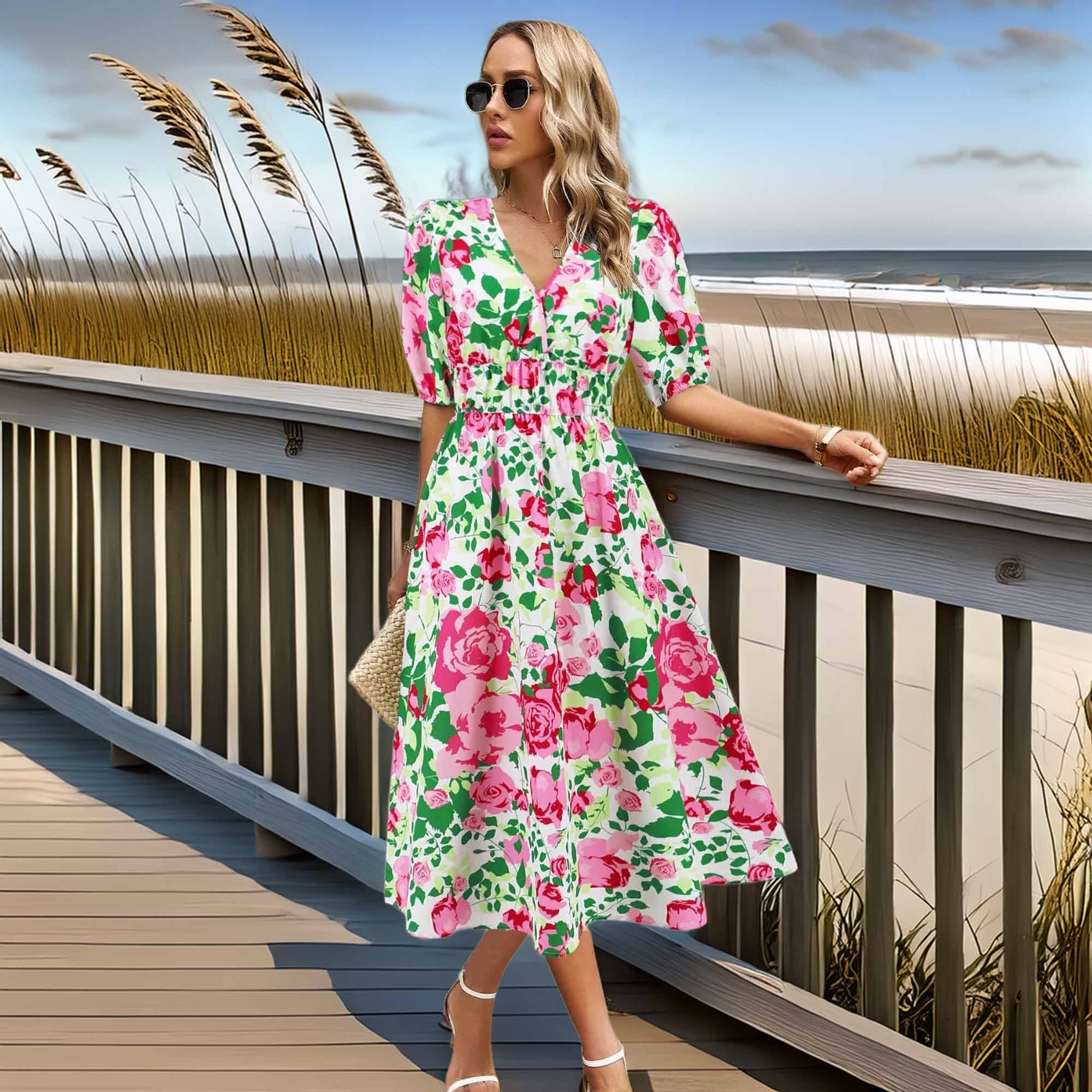 Ruched Printed Surplice Short Sleeve Dress