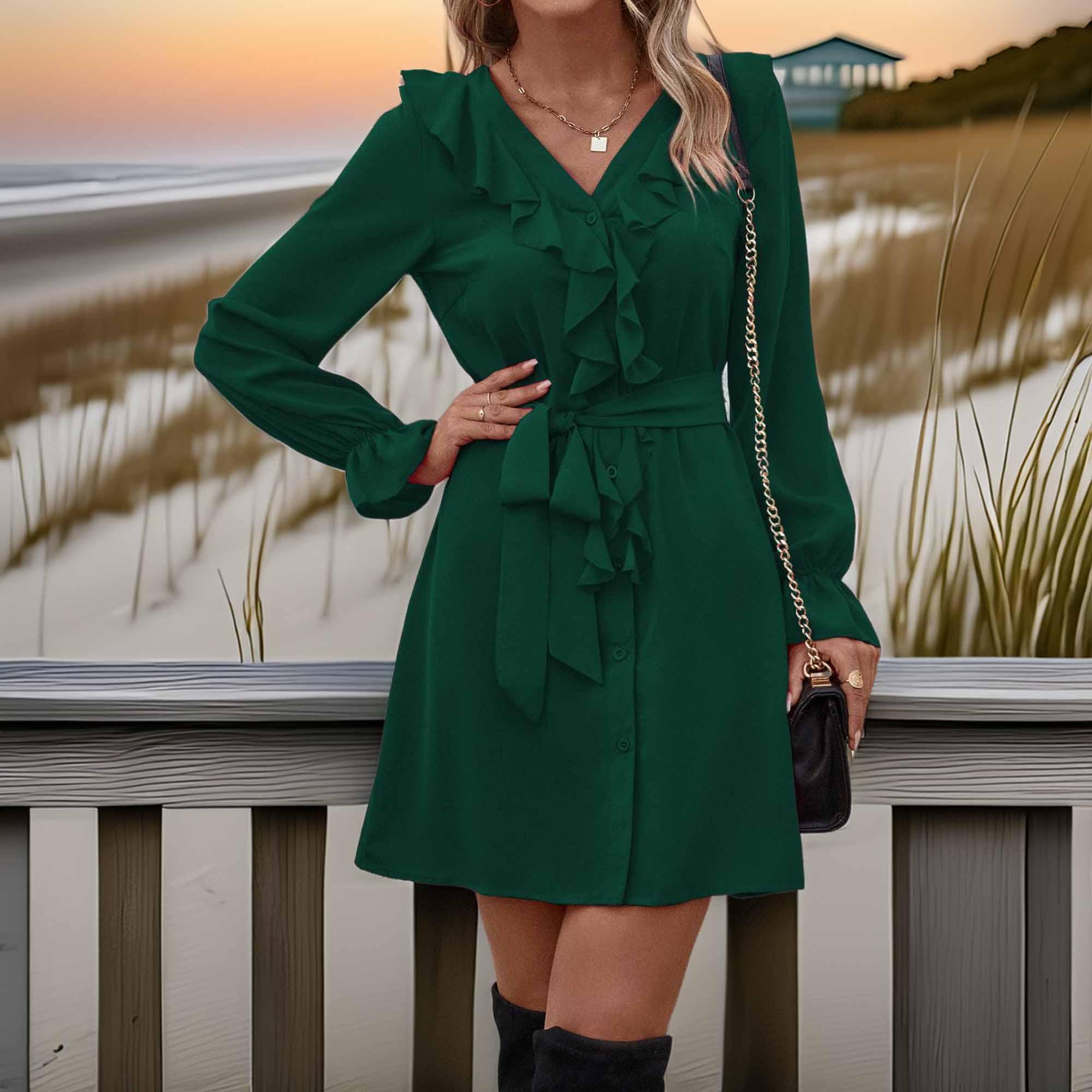 Ruffled Flounce Sleeve V-Neck Belted Dress - Southern Shores Clothing