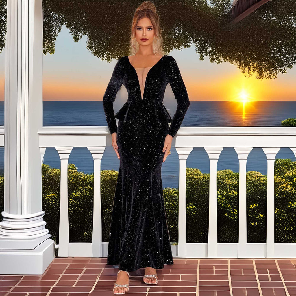 Ruffled Plunge Long Sleeve Dress