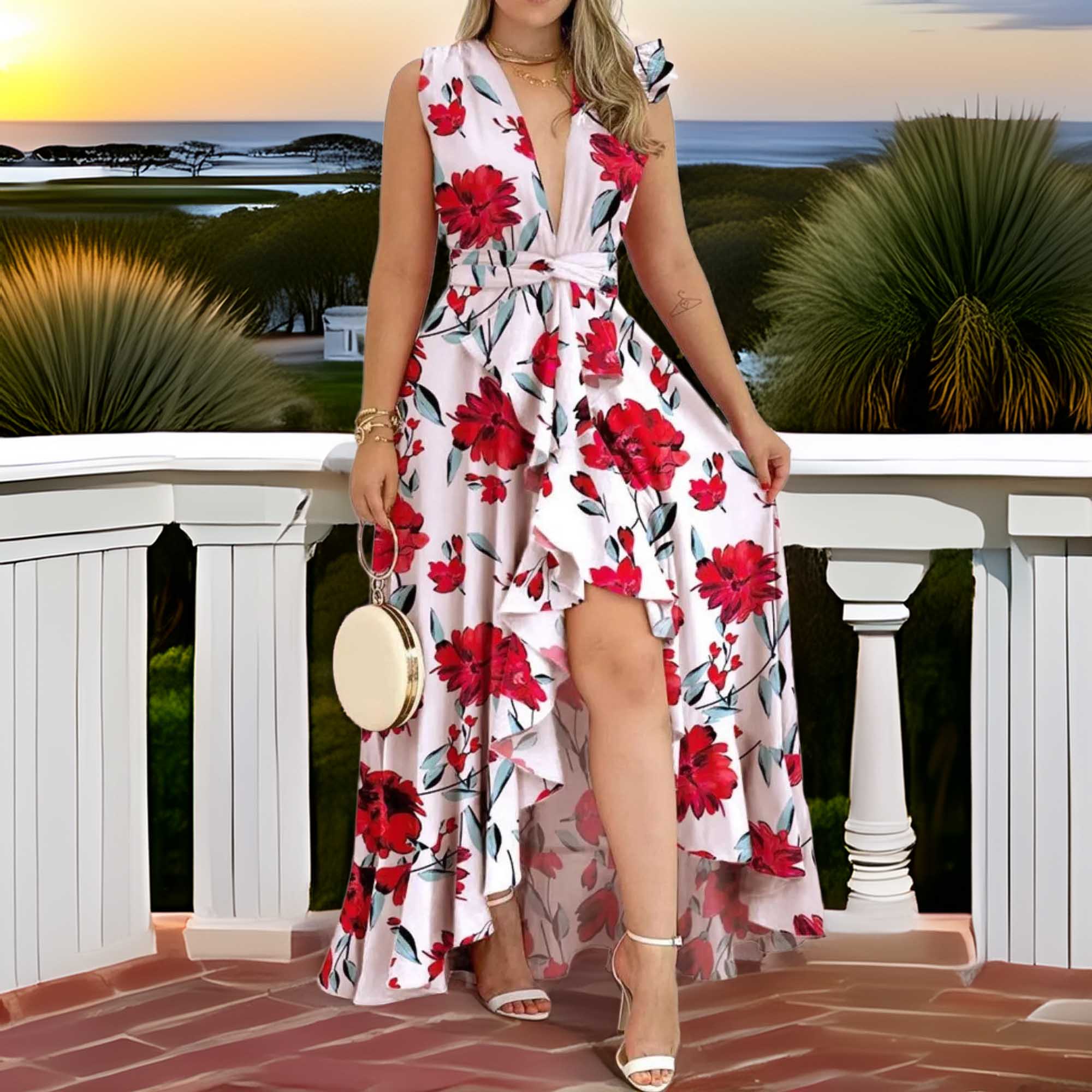 Ruffled Plunge Sleeveless Maxi Dress