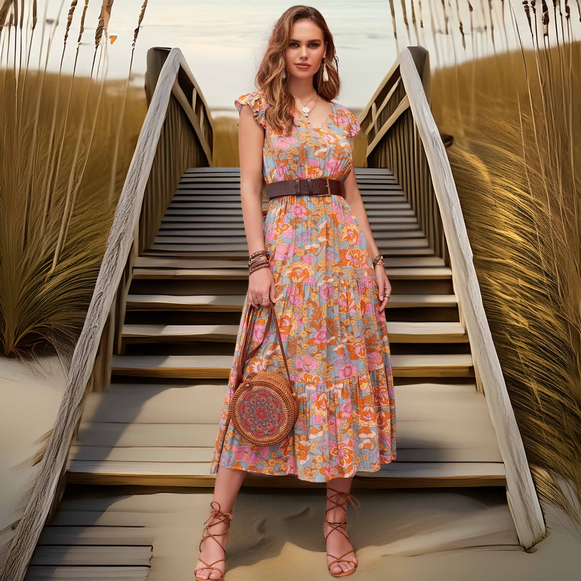 Ruffled Printed V-Neck Cap Sleeve Tiered Dress