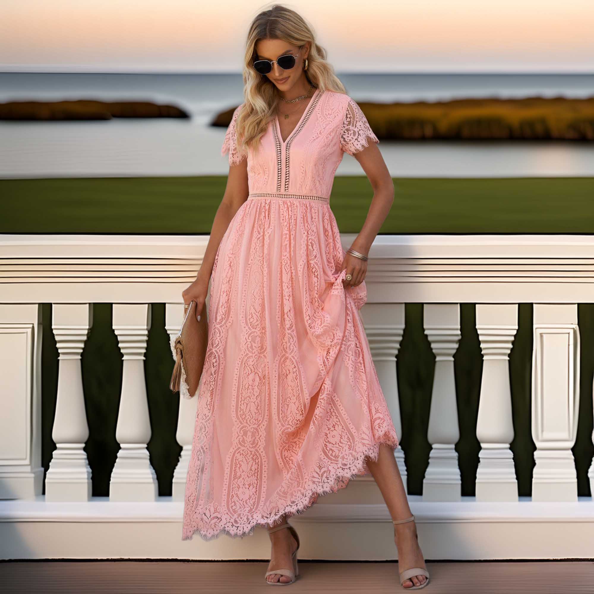 Scalloped Trim Lace Plunge Dress