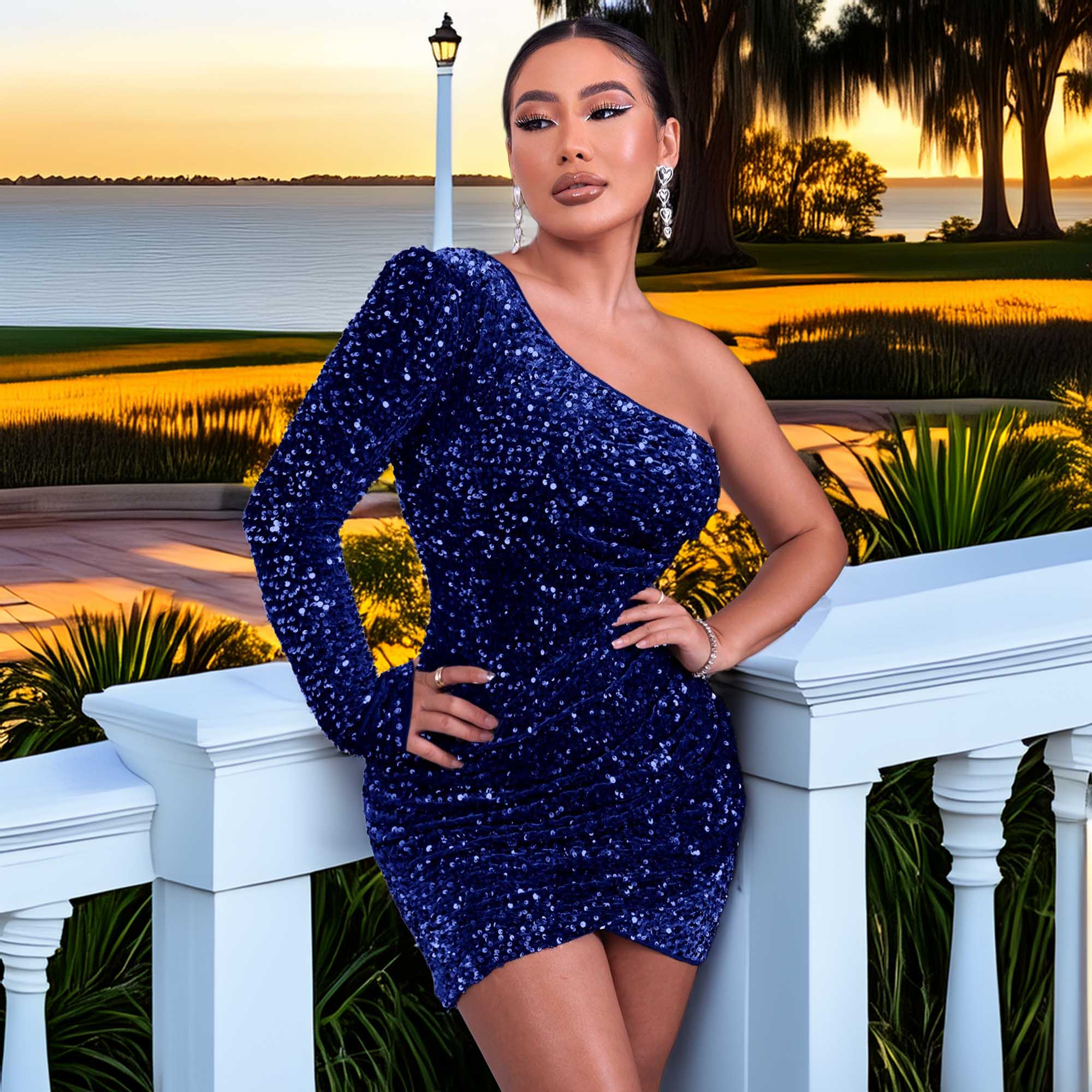 Sequin One-Shoulder Tulip Hem Bodycon Dress