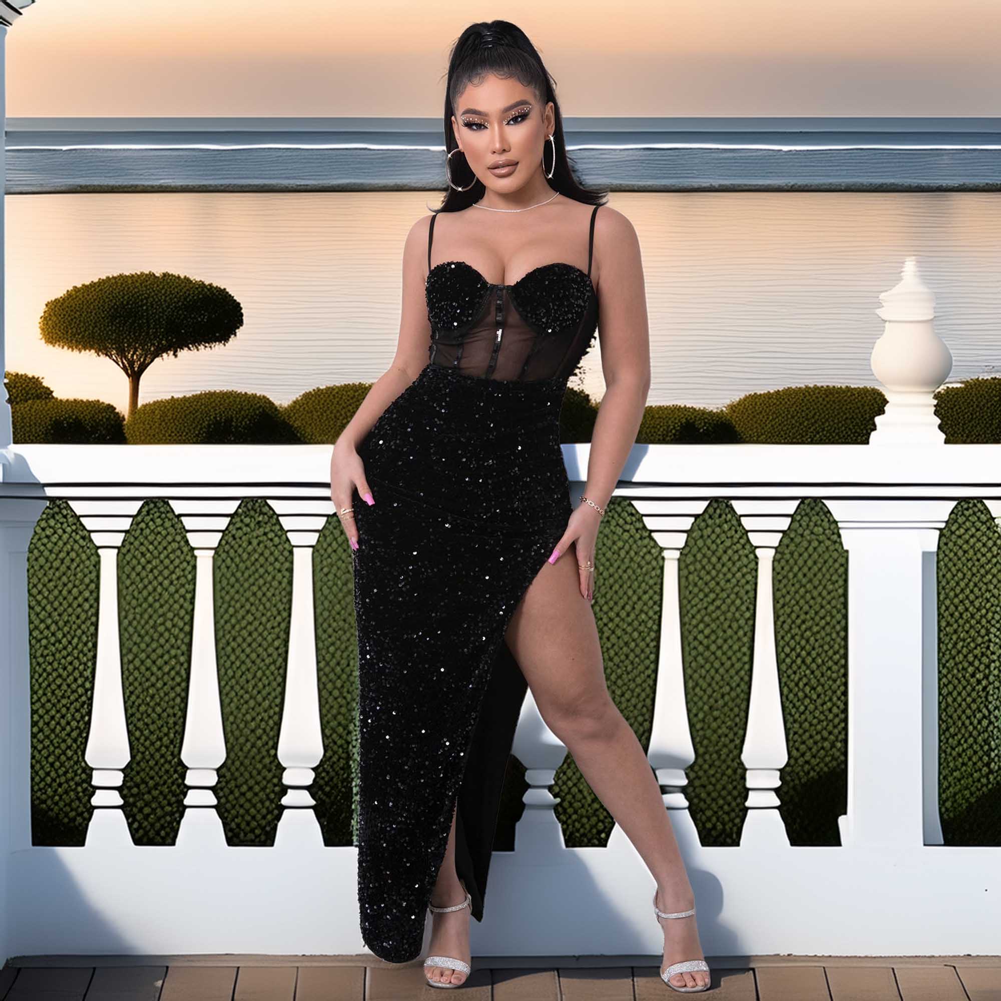 Sequin Spliced Mesh Adjustable Strap Dress