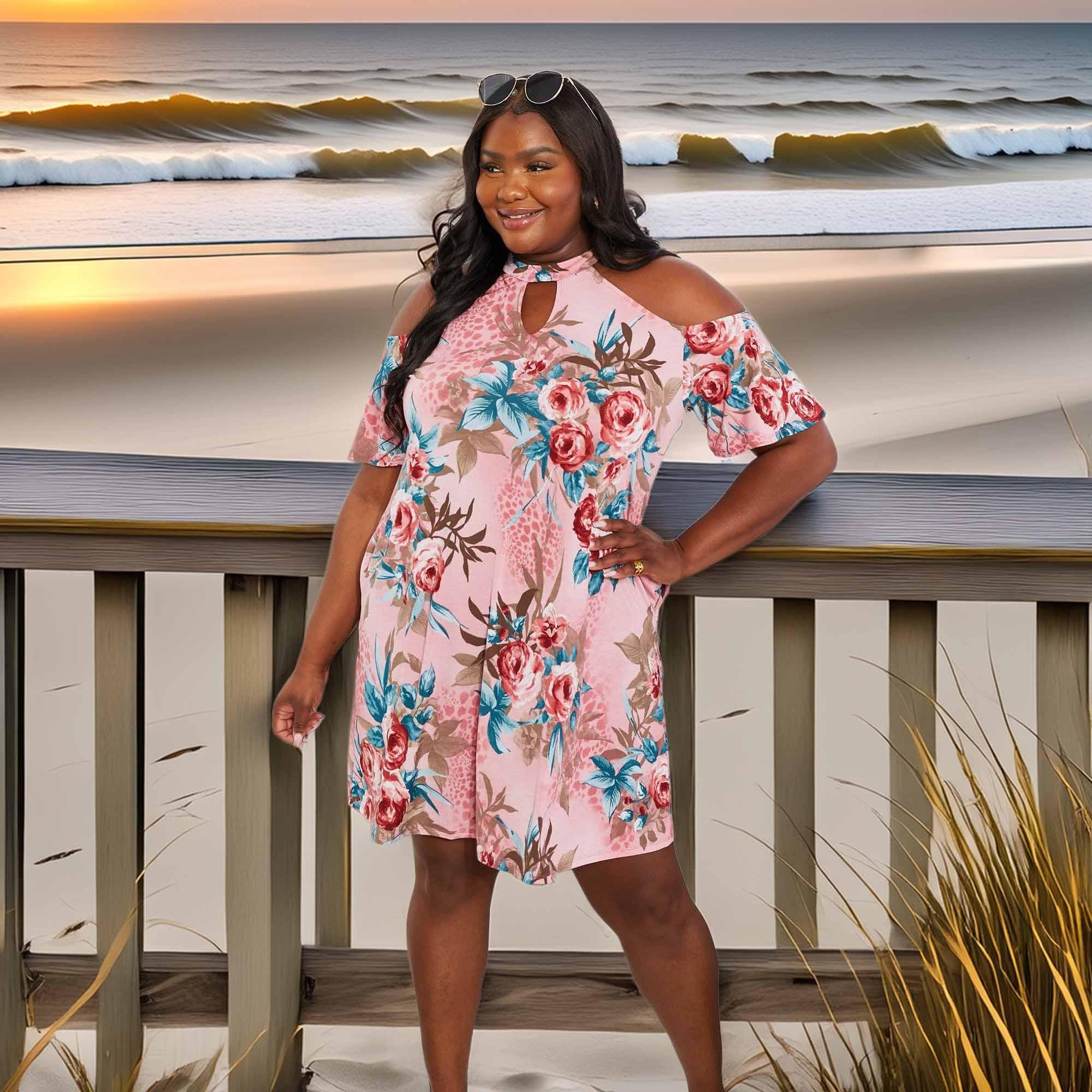 Tropical Print Cold Shoulder Dress Keyhole - Southern Shores Clothing