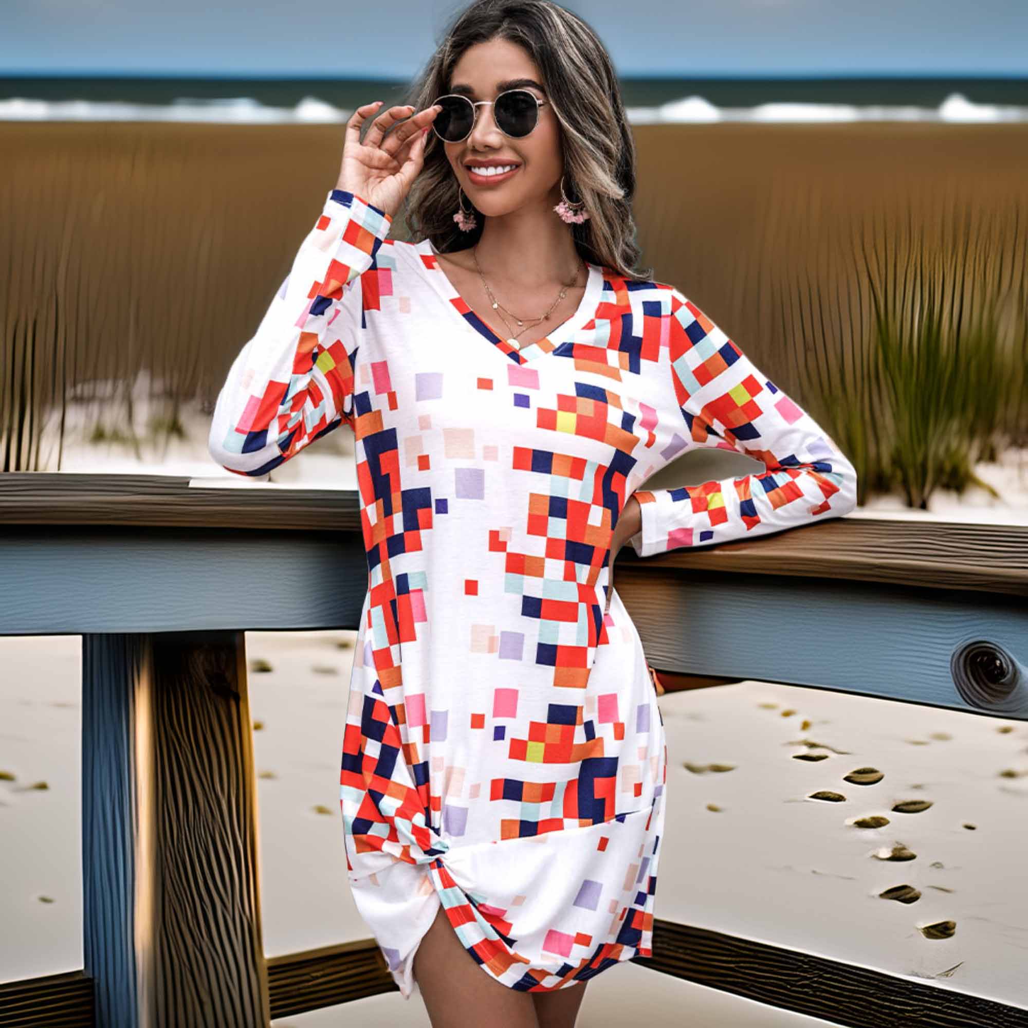 Shiny Rainbow Checker Twisted Long Sleeve Dress