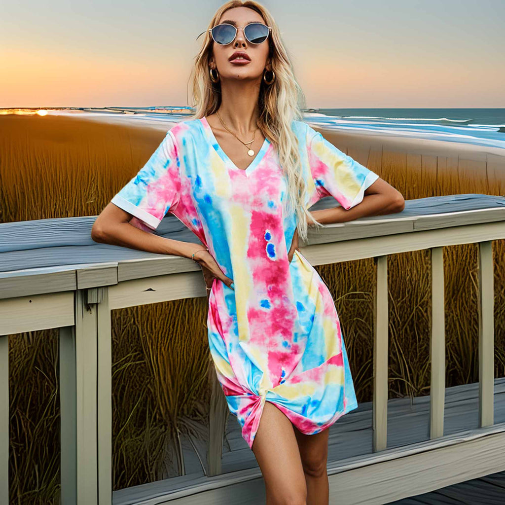 Shiny Twisted V-Neck Short Sleeve Dress