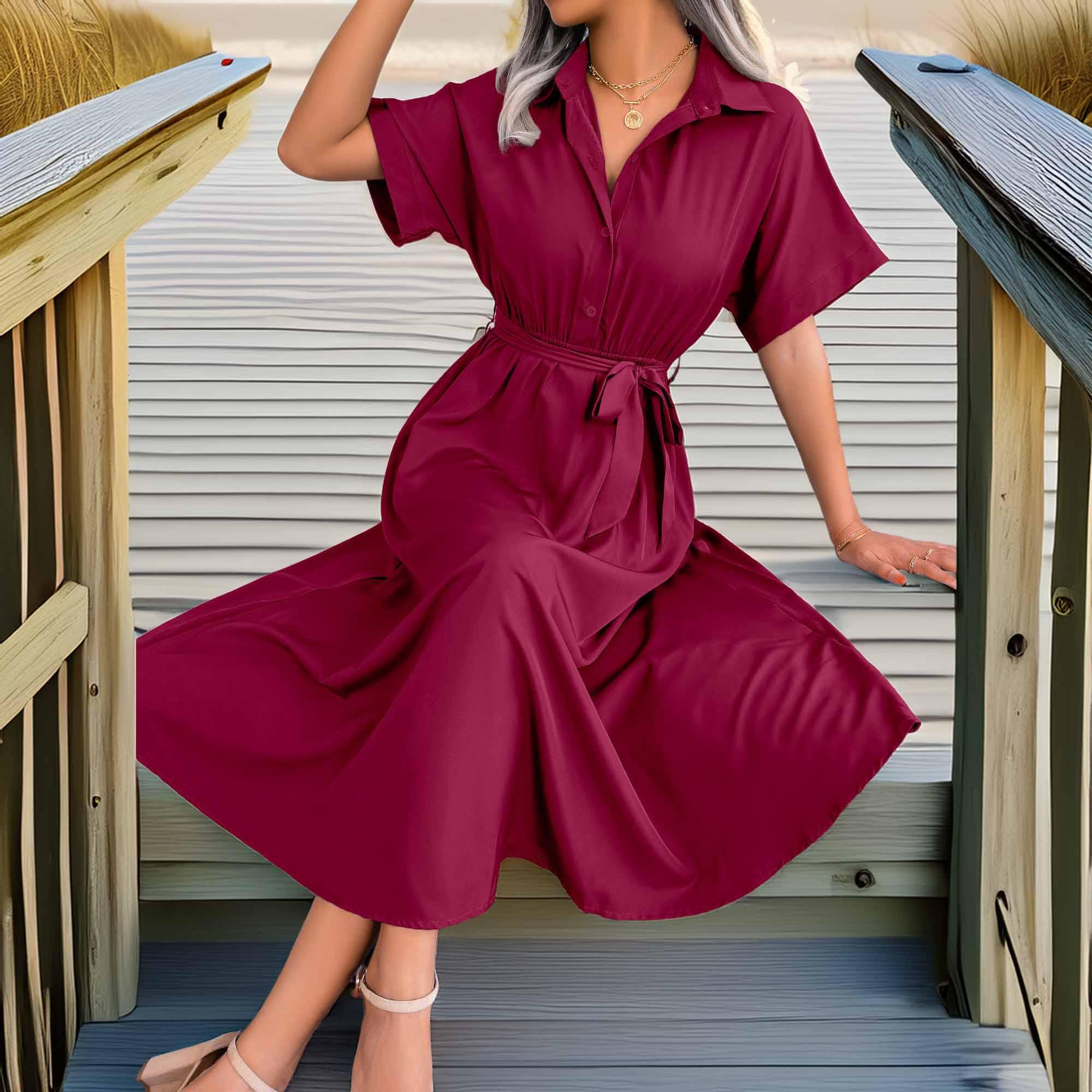 Short Sleeve Collared Tie Belt Dress - Southern Shores Clothing