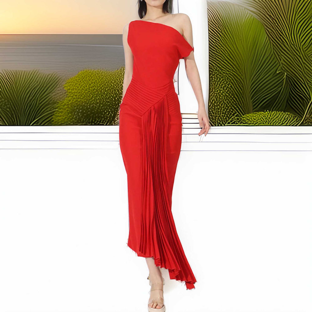 Single Shoulder Pleated Ruched Asymmetrical Magnolia Dress