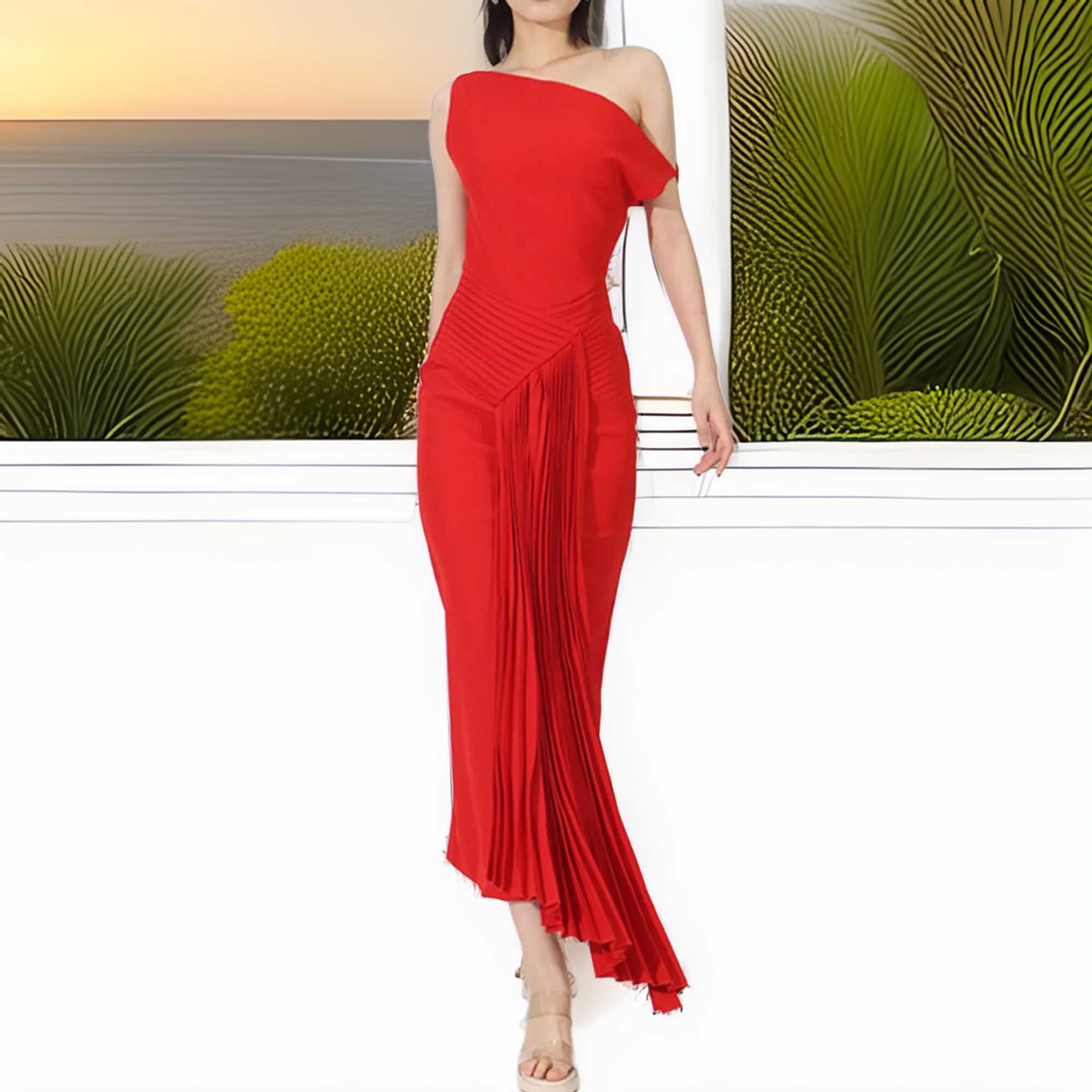 Single Shoulder Pleated Ruched Asymmetrical Magnolia Dress