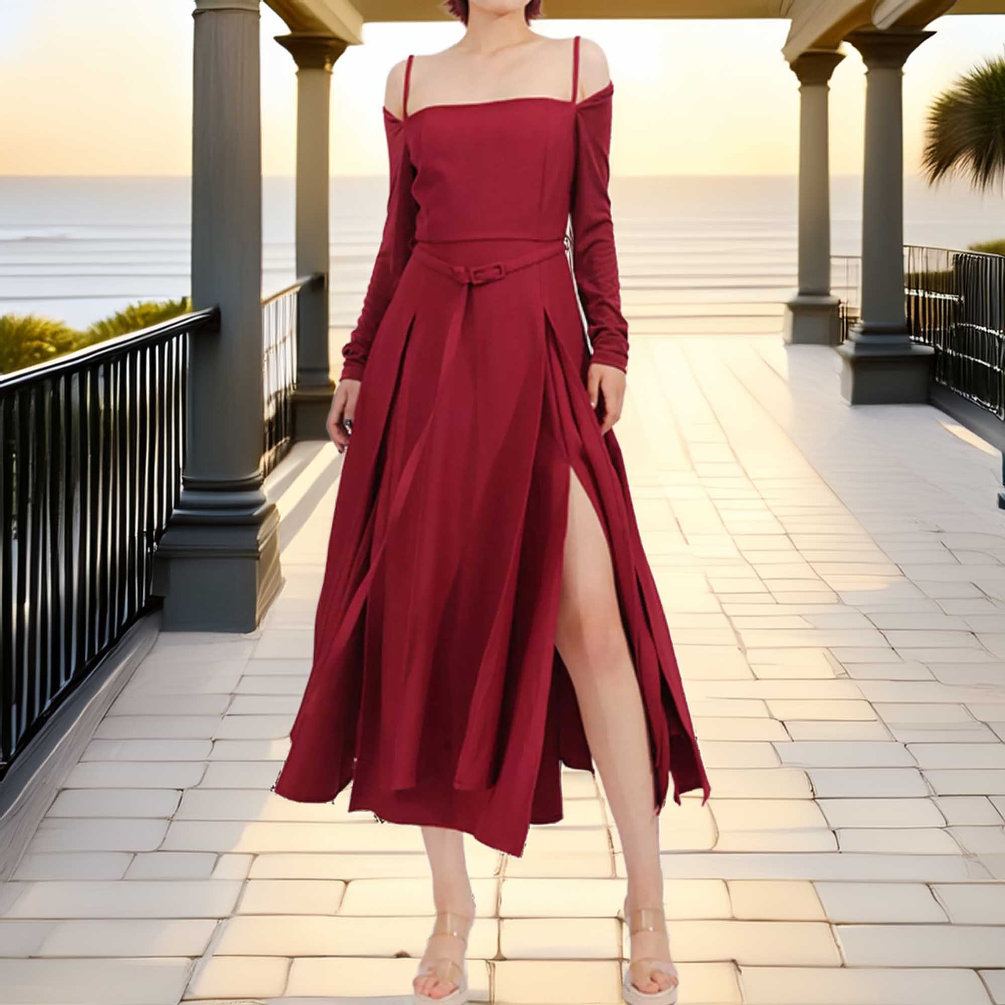 Slit Spaghetti Strap Long Sleeve Dress