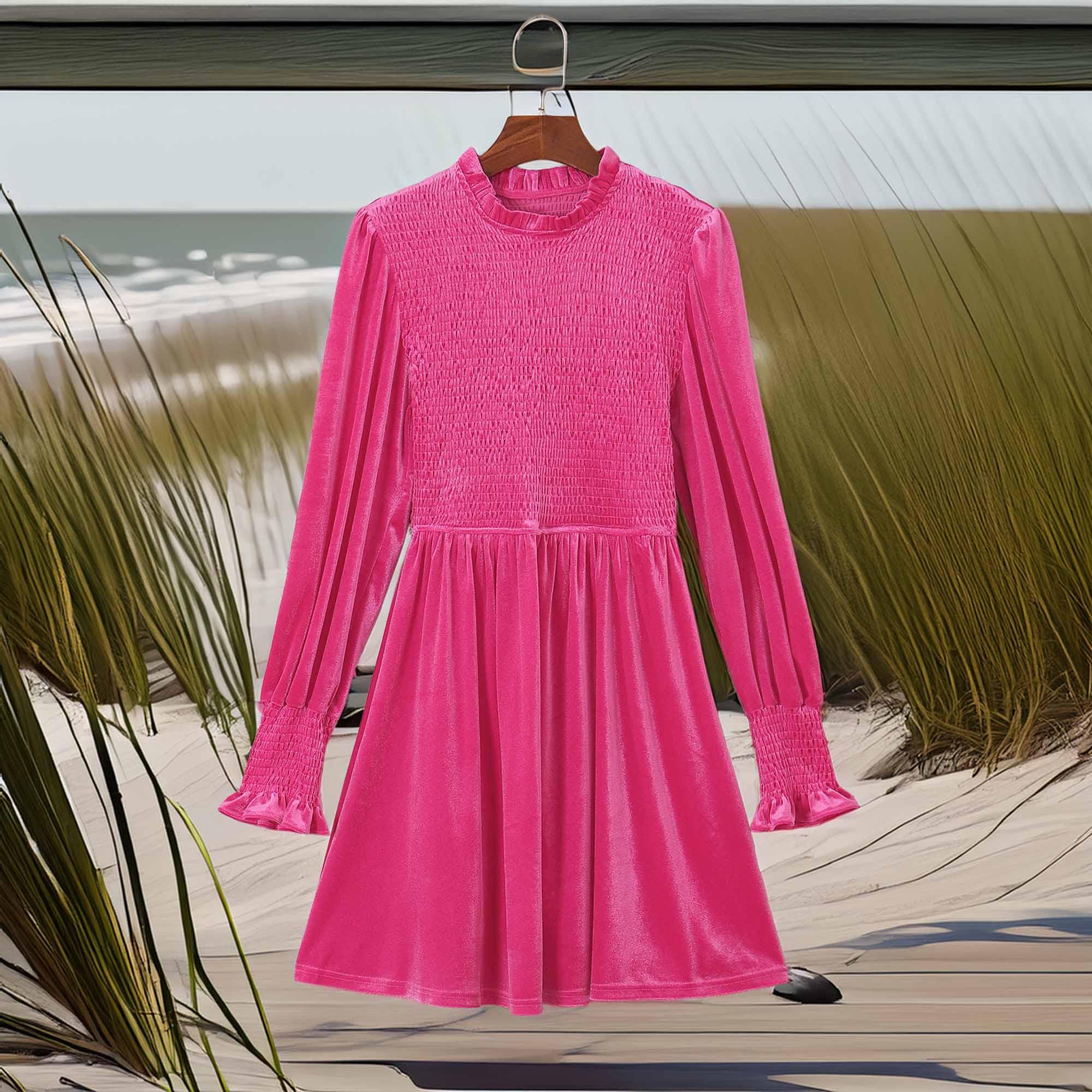 Smocked Round Neck Long Sleeve Dress Casual Beachwear - Southern Shores Clothing