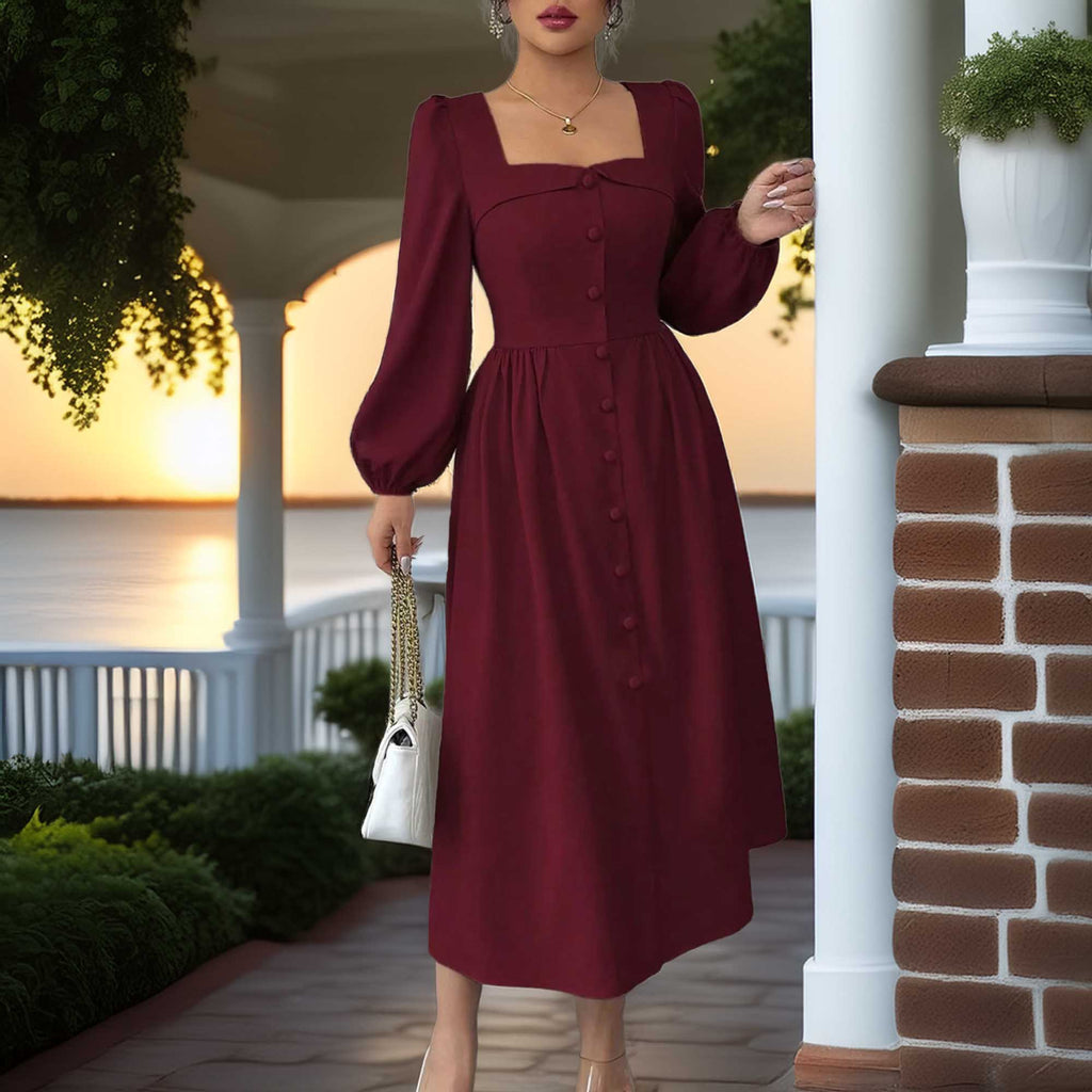 Comfortable Square Neck Button Front Midi Magnolia Dress