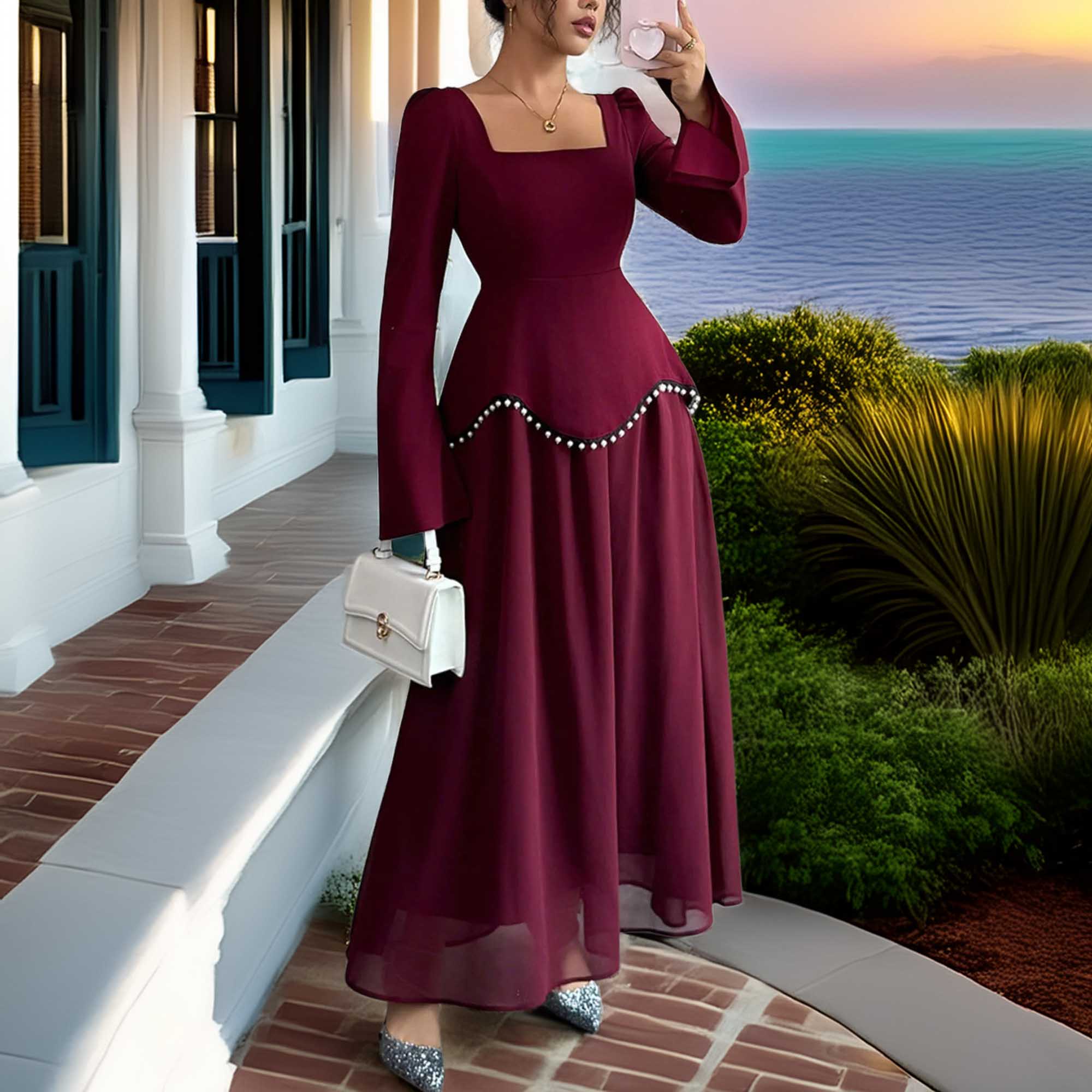Square Neck Long Sleeve Maxi Dress