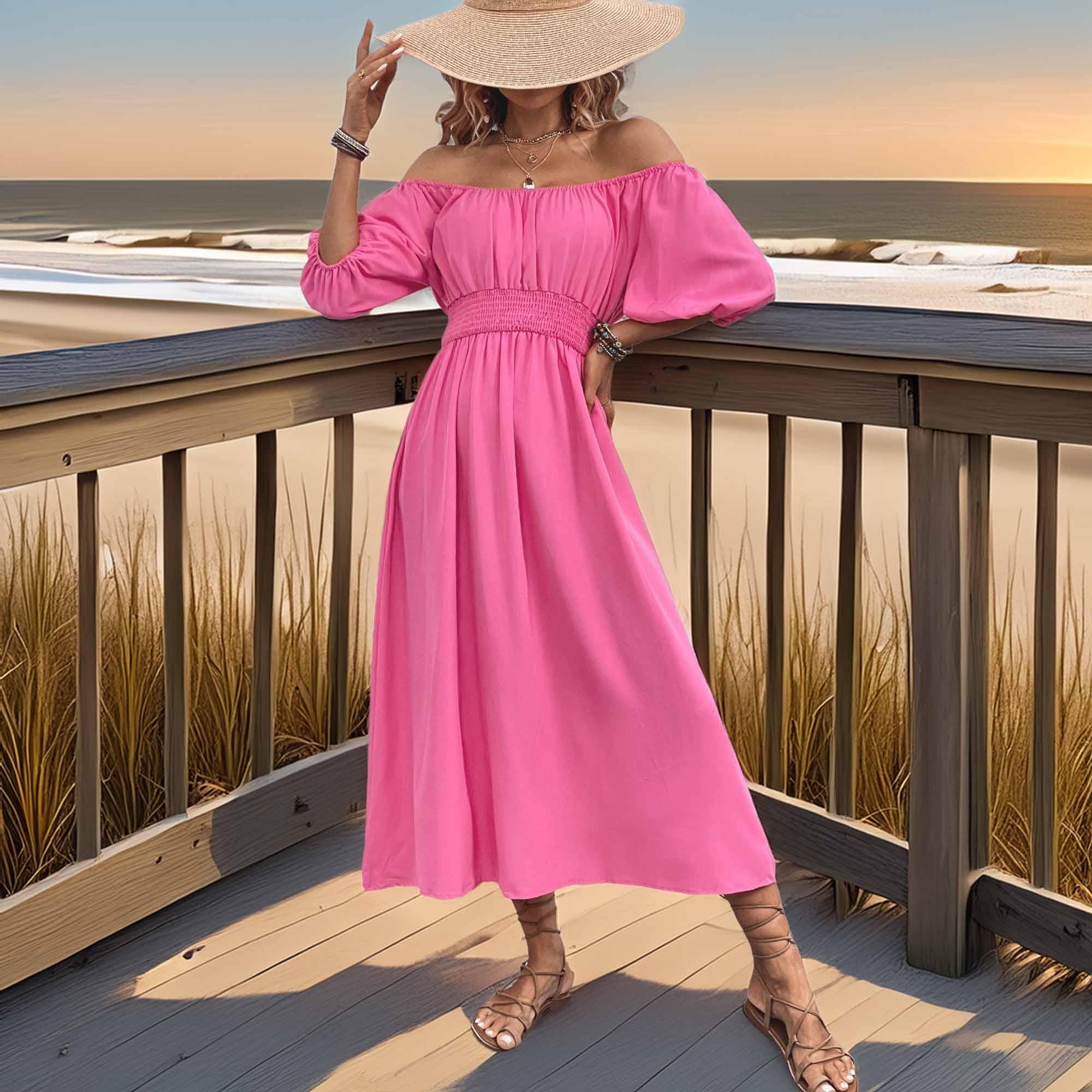 Square Neck Smocked Waist Puff Sleeve Midi Dress - Southern Shores Clothing