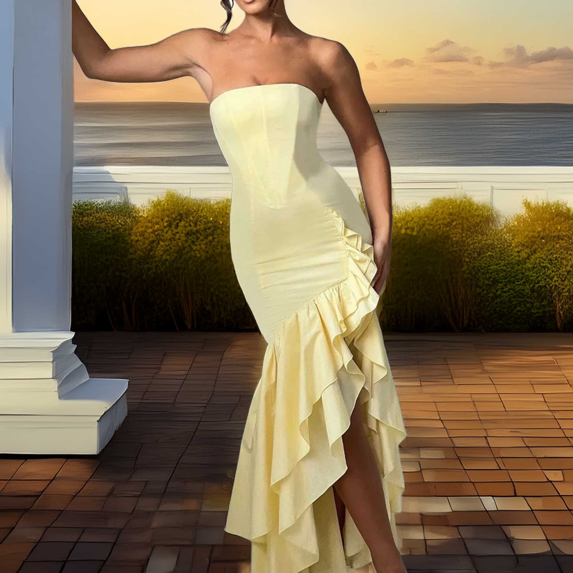 Strapless Ruffle High-Low Bodycon Dress