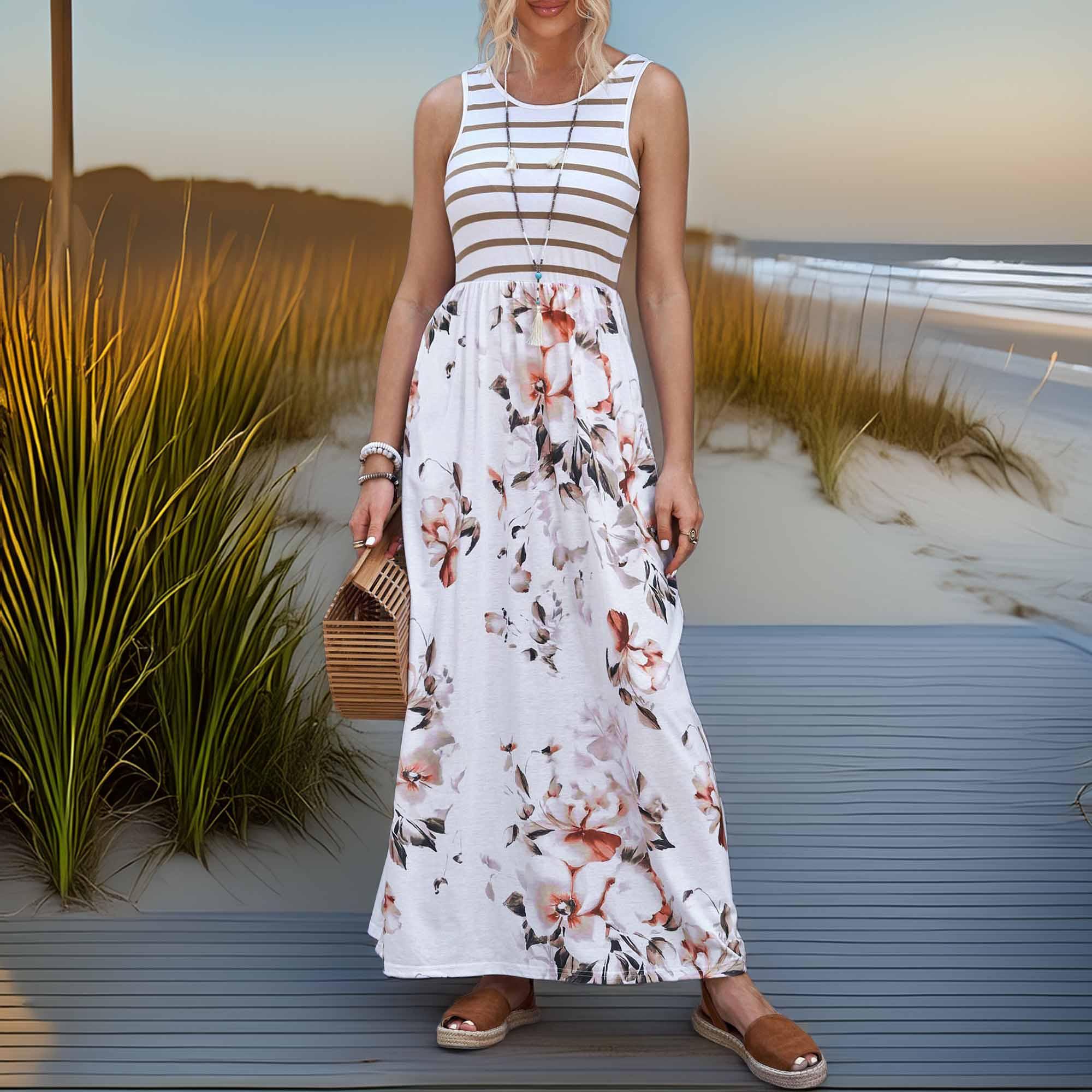 Striped Floral Round Neck Sleeveless Maxi Dress - Southern Shores Clothing
