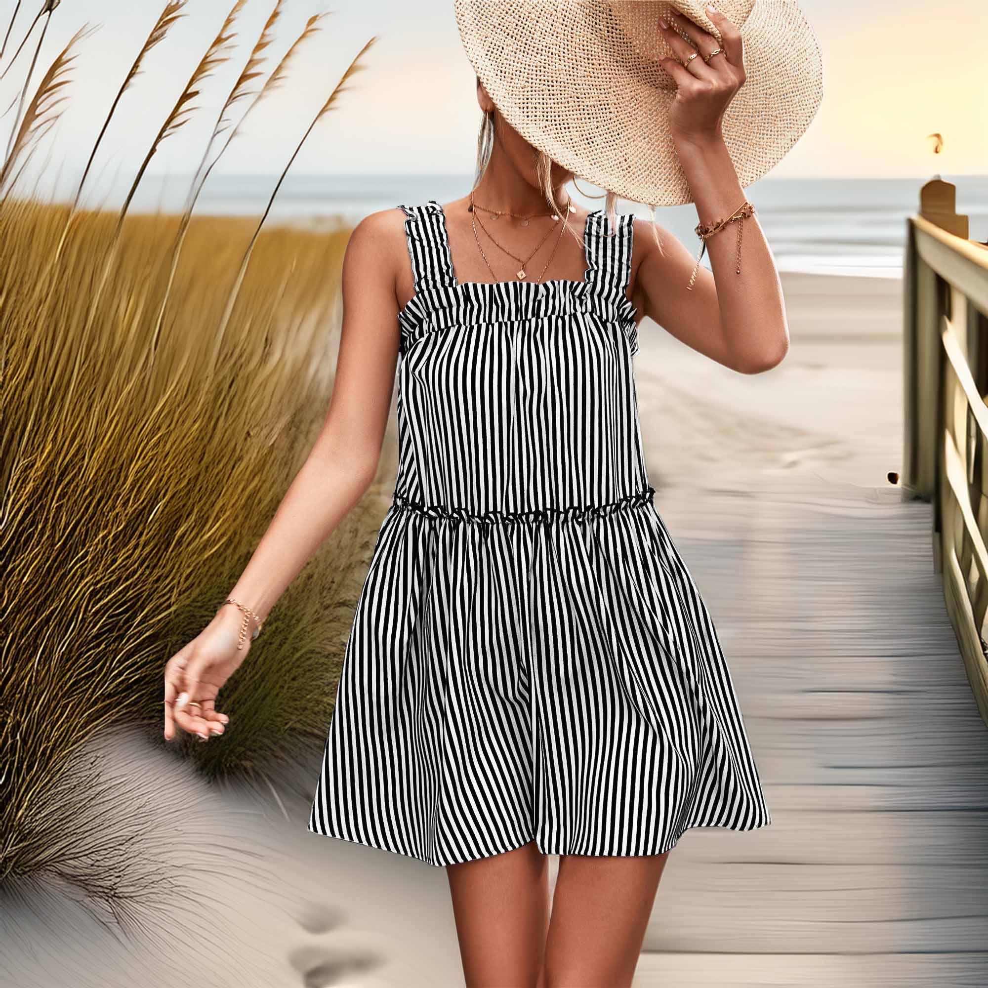 Casual Striped Frill Trim Square Neck Dress - Southern Shores Clothing