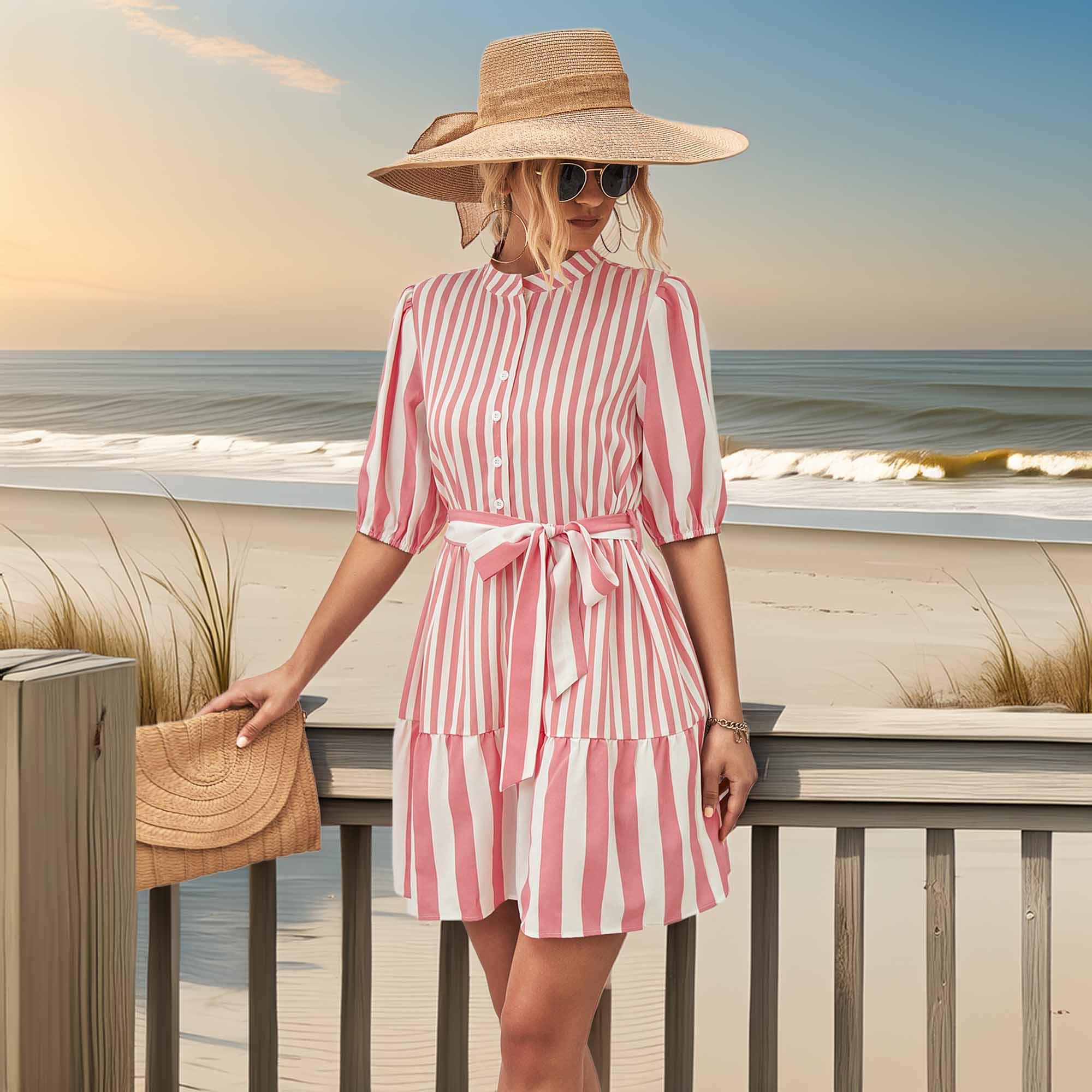 Striped Half Sleeve Tie Waist Mini Dress - Southern Shores Clothing
