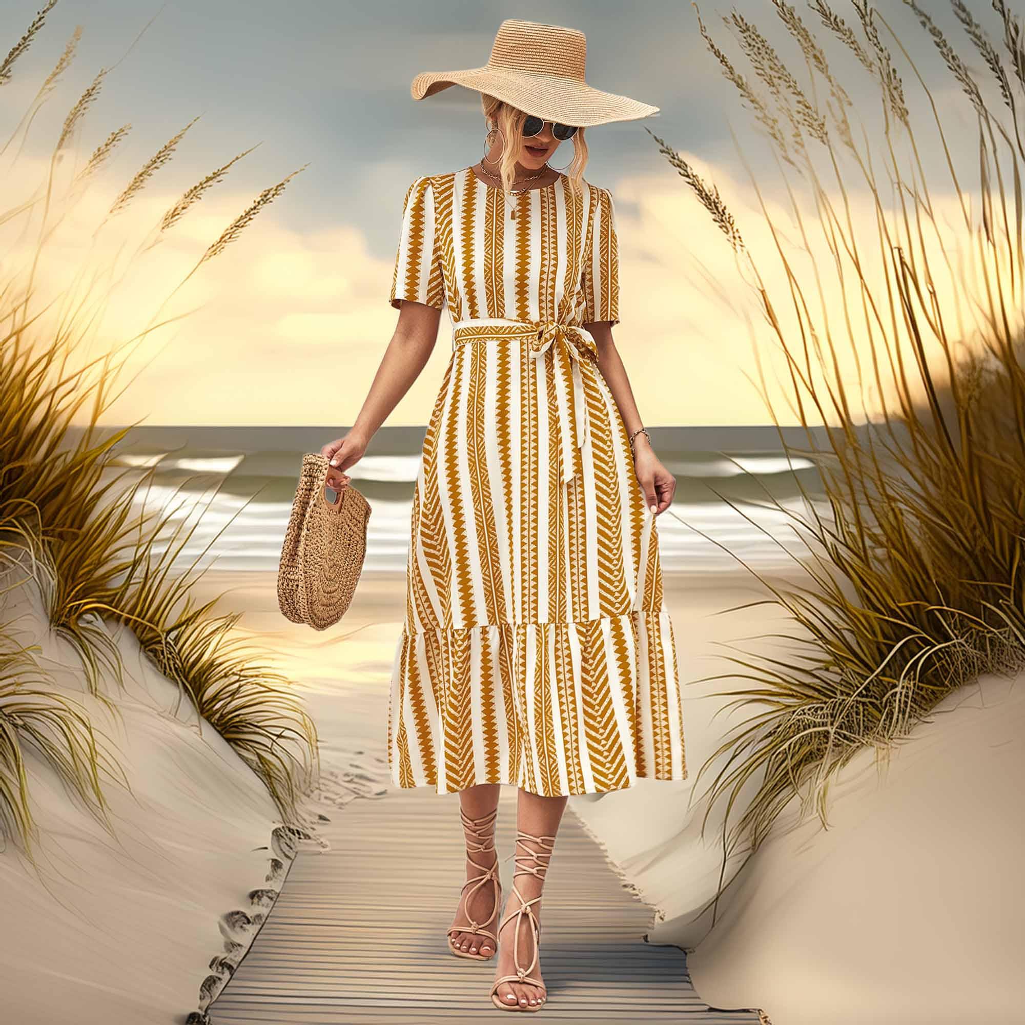 Striped Tie Belt Round Neck Puff Sleeve Dress - Southern Shores Clothing