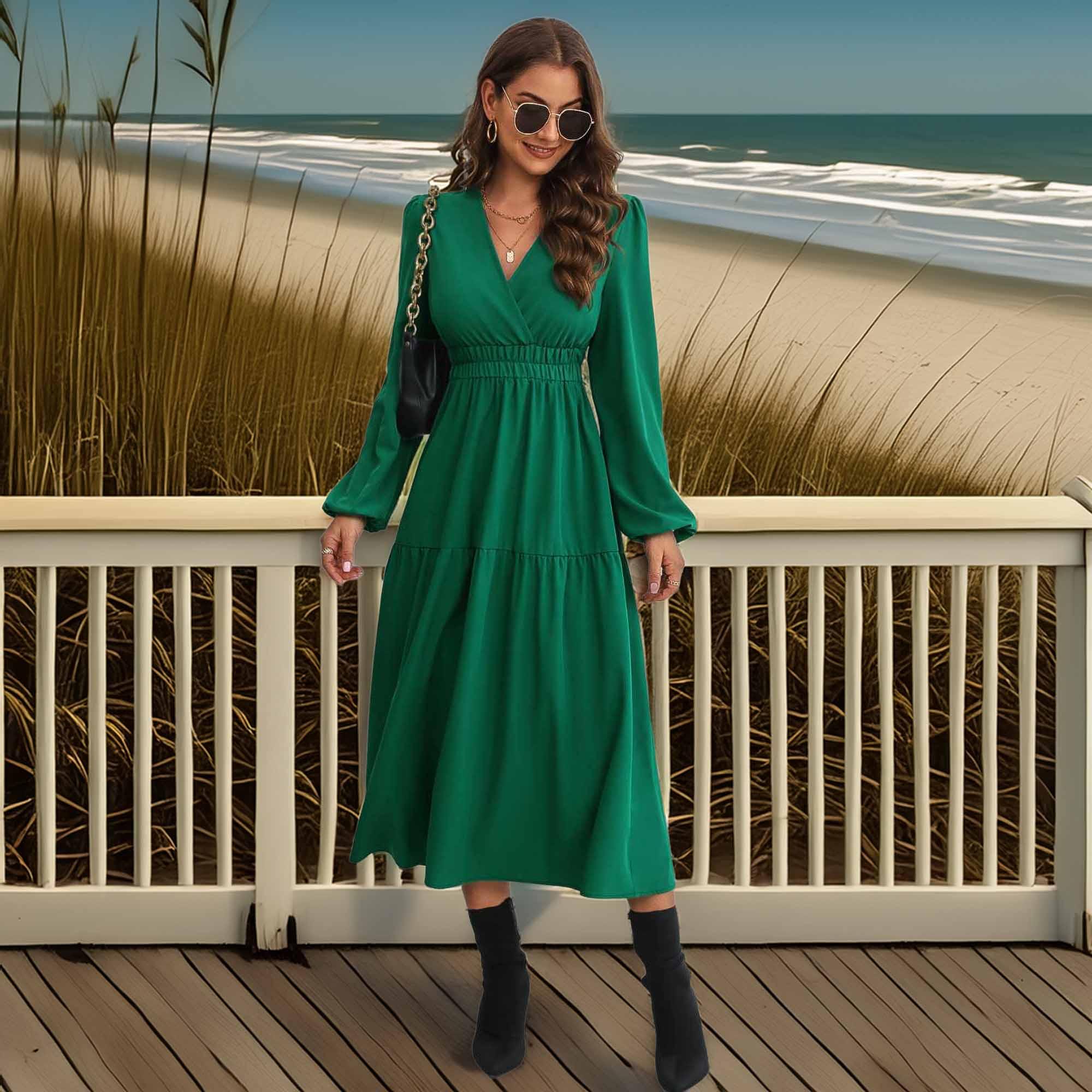 Surplice Neck Long Sleeve Midi Dress Coastal Casual - Southern Shores Clothing