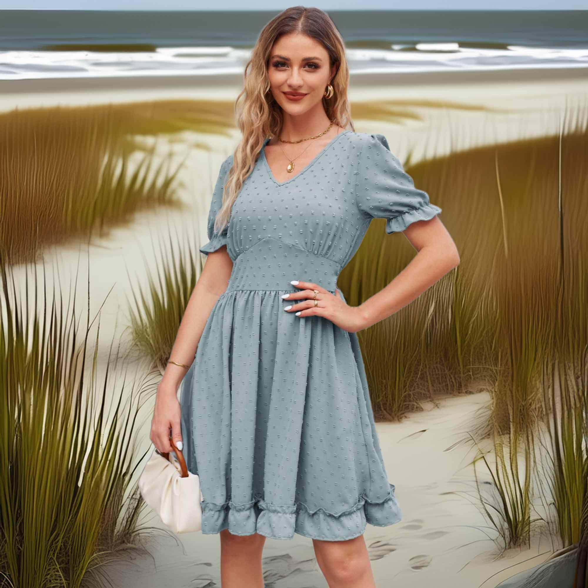 Swiss Dot Frill Trim Flounce Sleeve V Neck Dress - Southern Shores Clothing