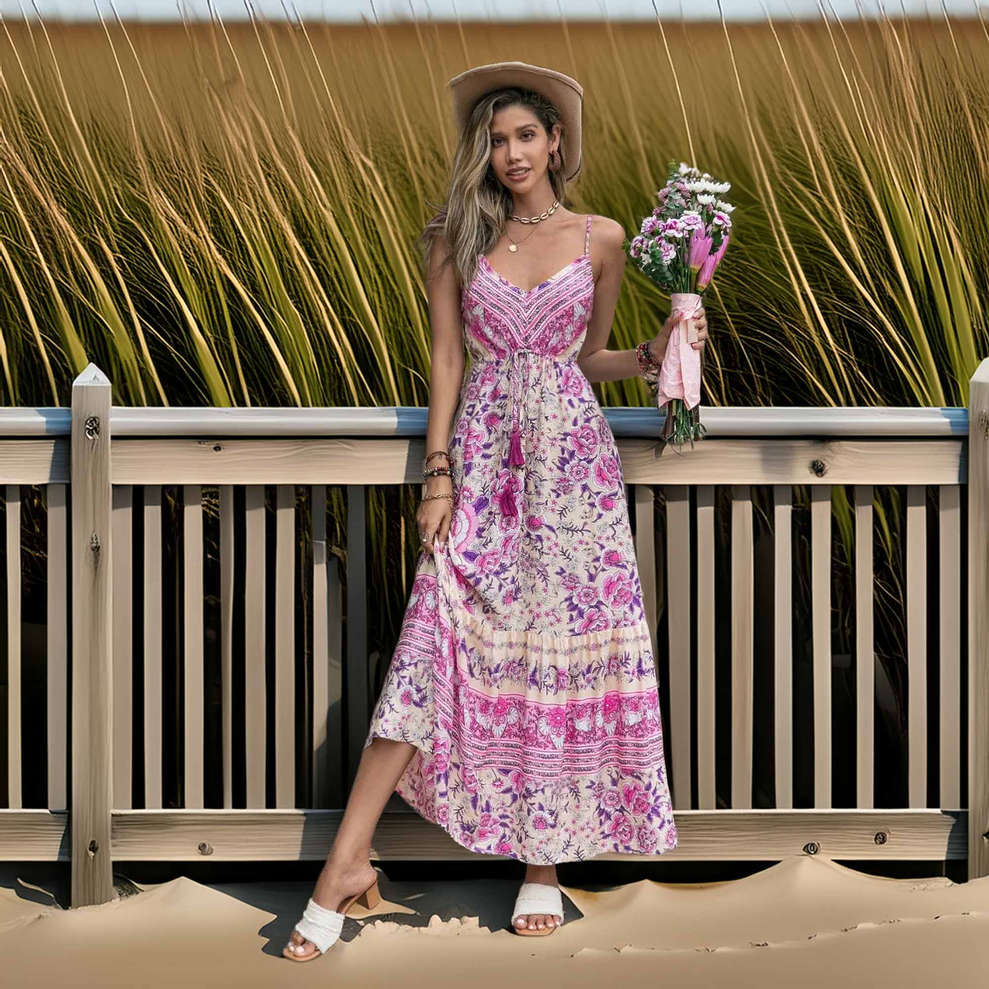 Tassel Printed V-Neck Maxi Dress