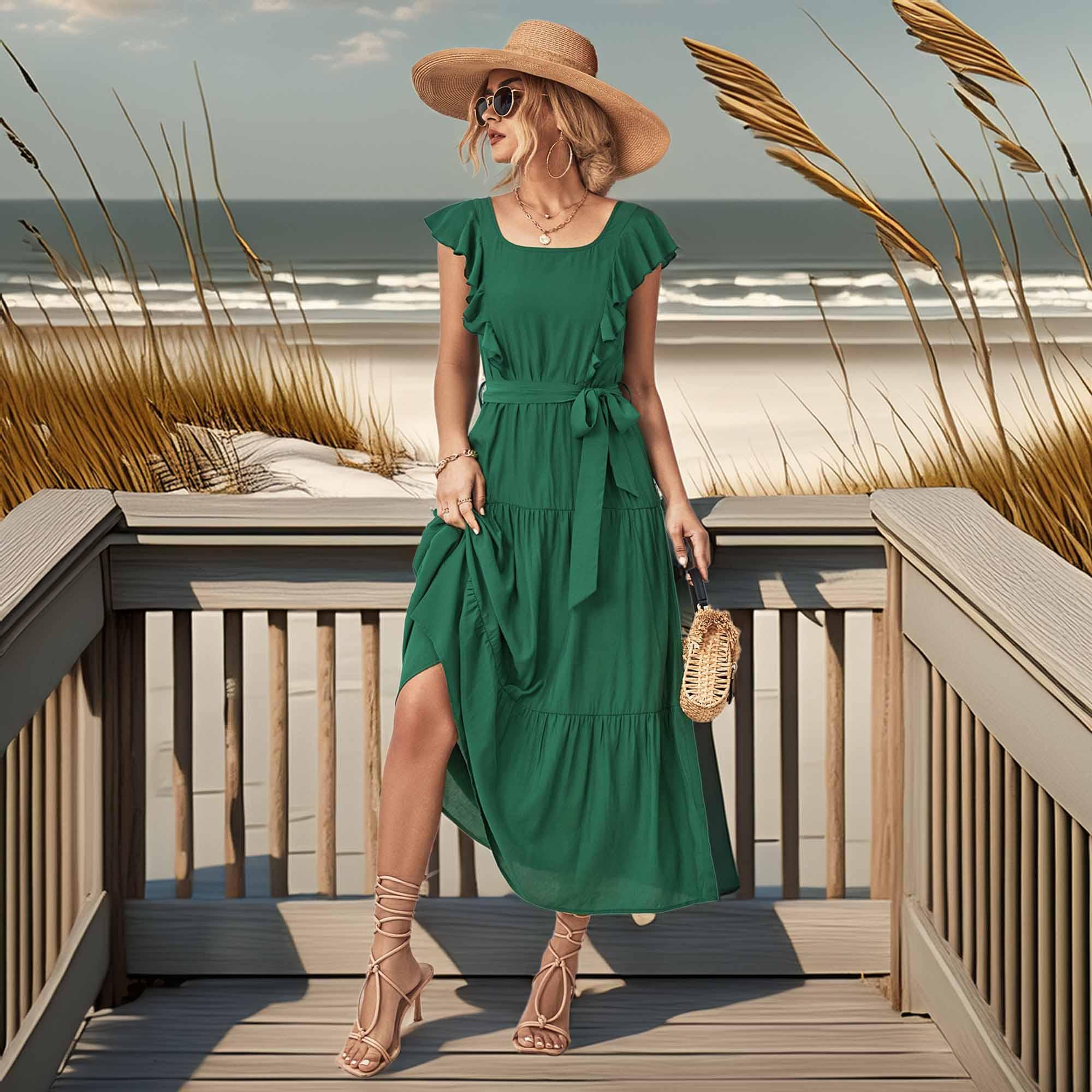 Tie Belt Ruffled Tiered Dress - Southern Shores Clothing