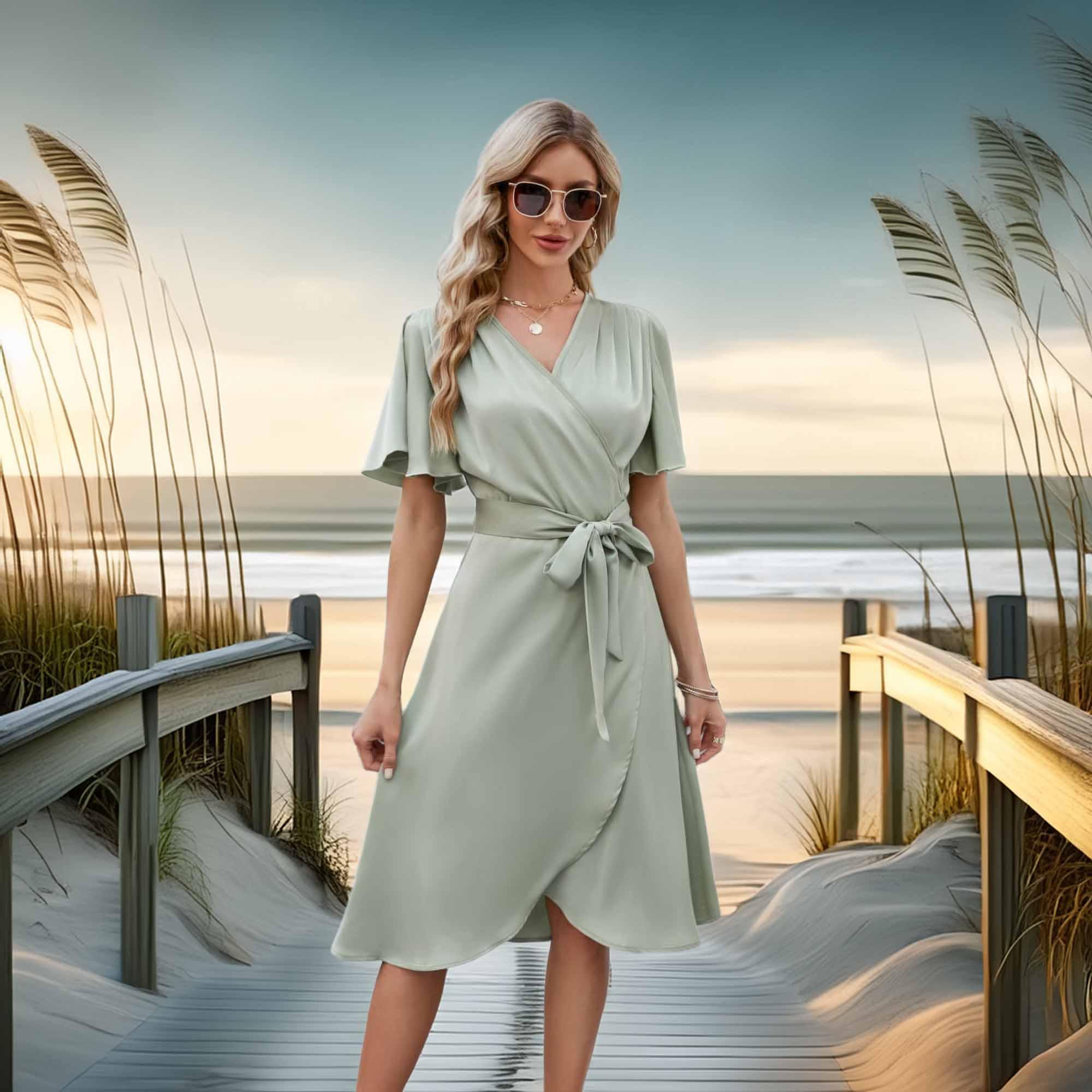 Tie Waist Flutter Sleeve Surplice Dress - Southern Shores Clothing