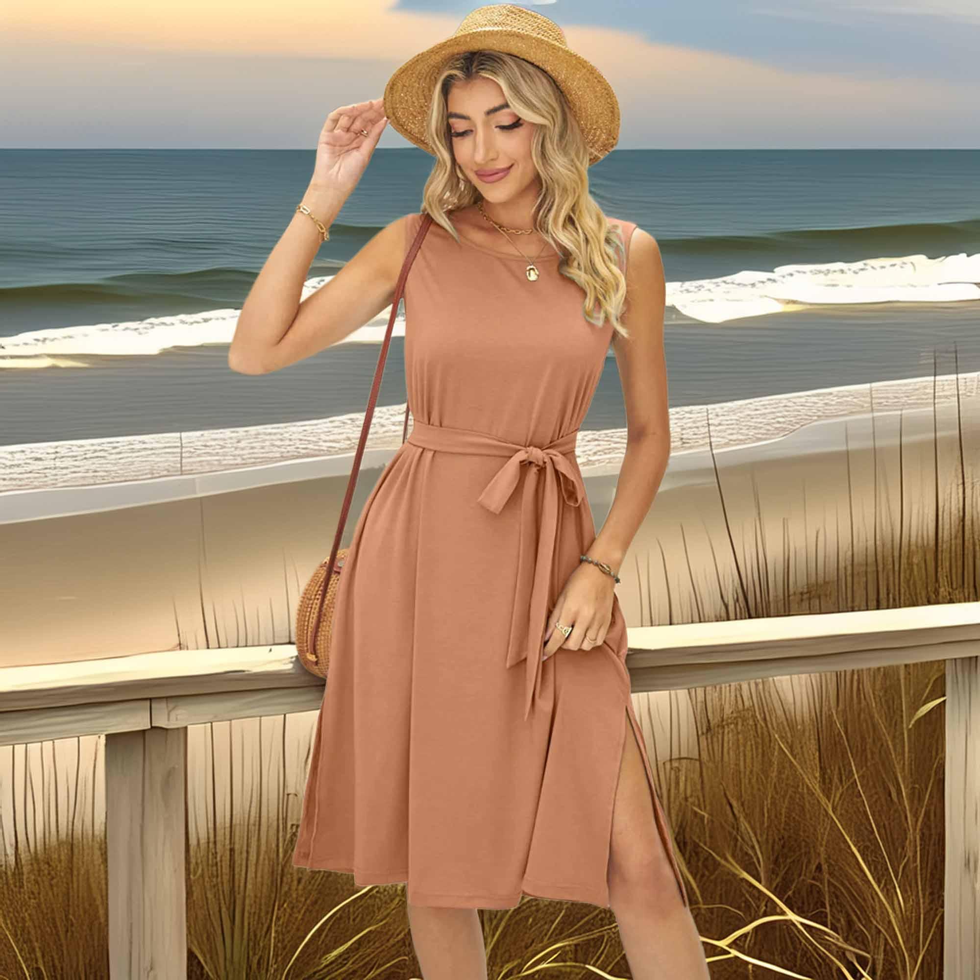 Tied Round Neck Sleeveless Dress For Coastal Wear - Southern Shores Clothing