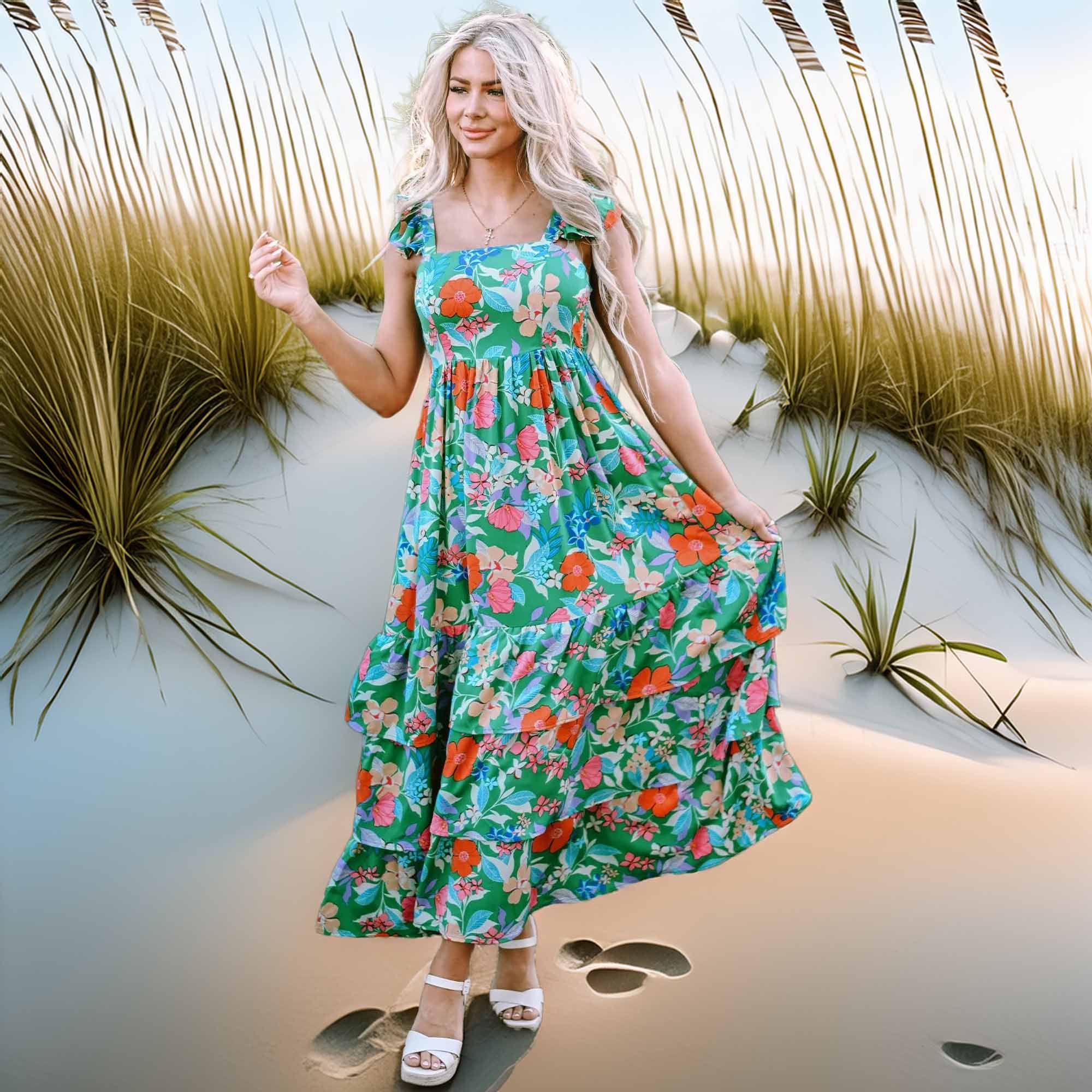 Tiered Ruffled Printed Sleeveless Dress