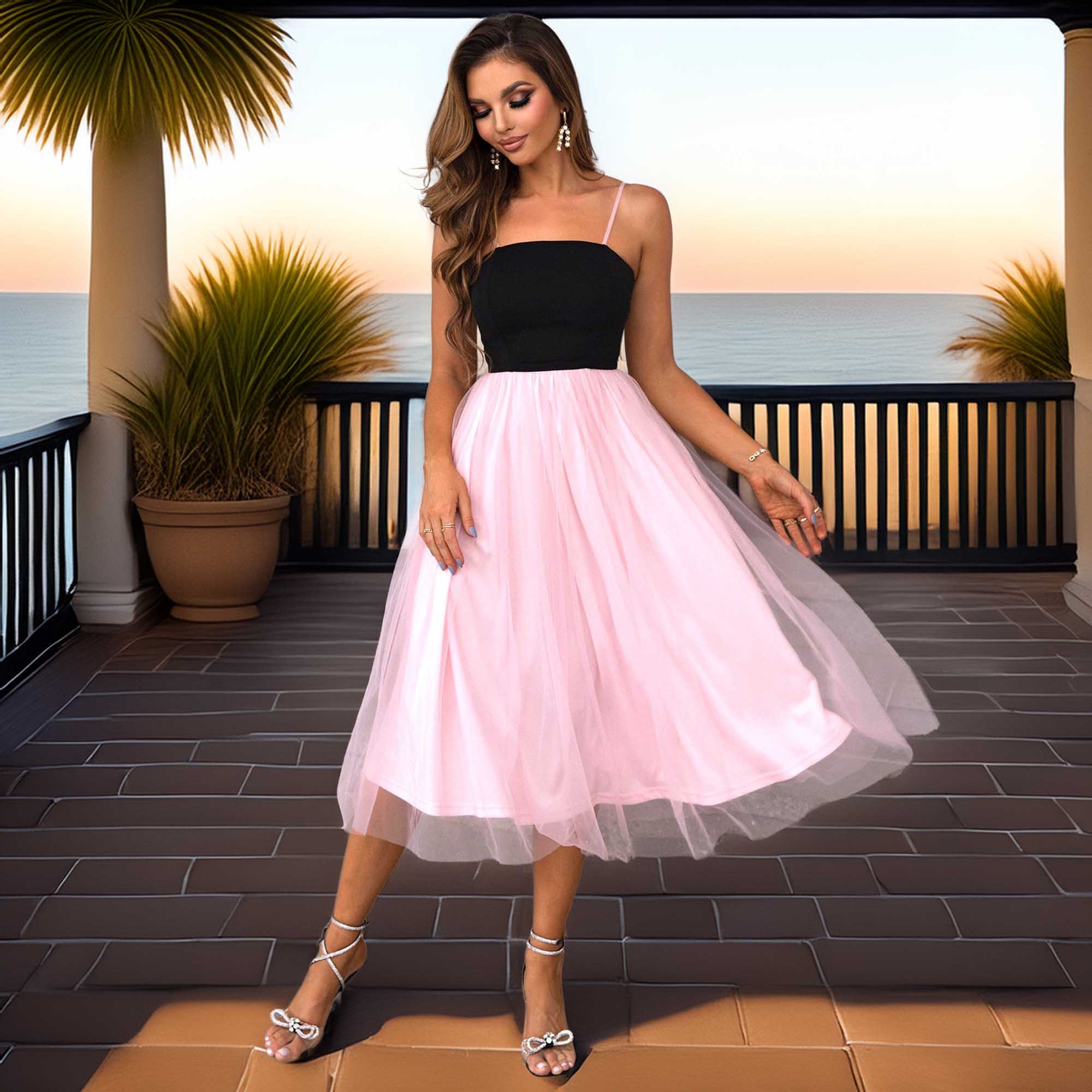 Two-Tone Spaghetti Strap Mesh Dress