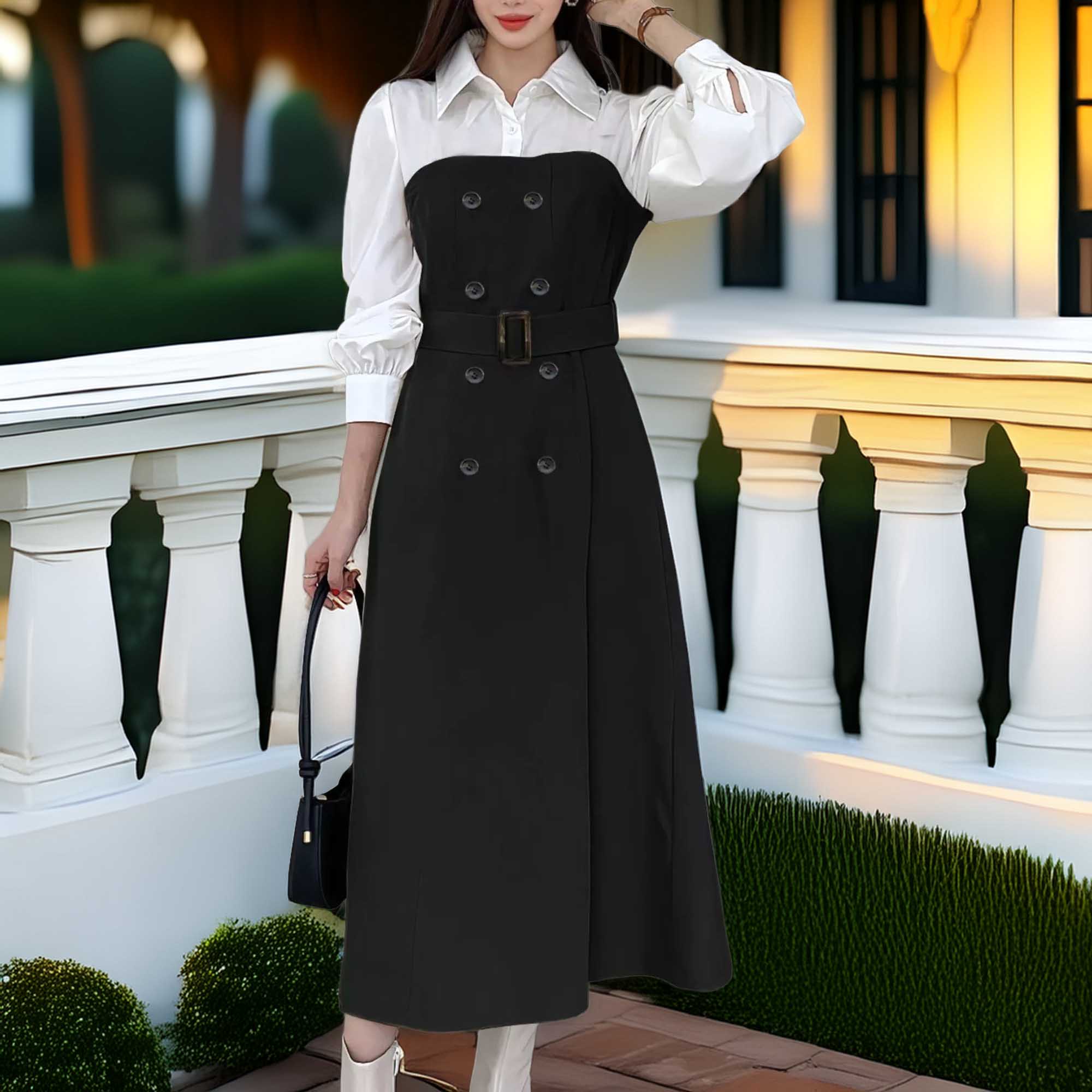 Two Tone Long Sleeve Collared Neck Dress