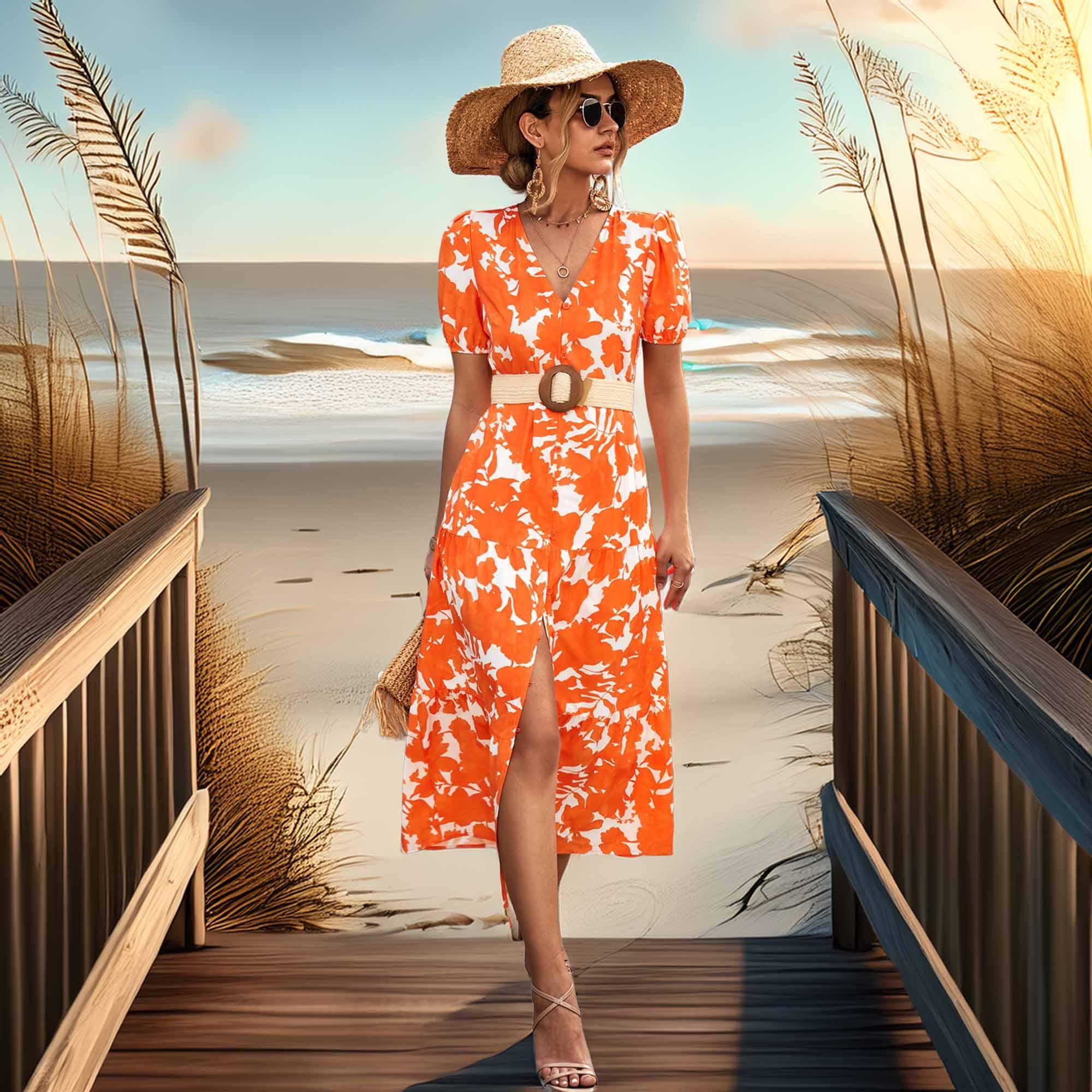 V-Neck Short Sleeve High Slit Midi Dress - Southern Shores Clothing