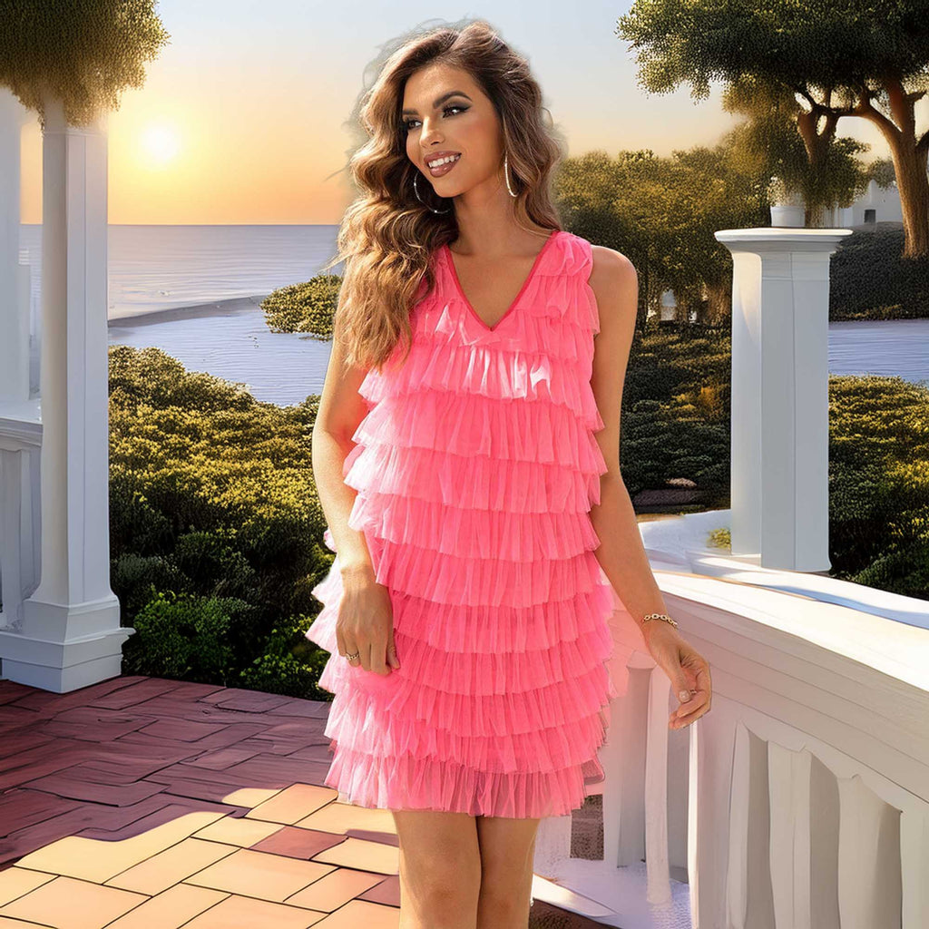 V-Neck Tiered Sleeveless Mesh Dress