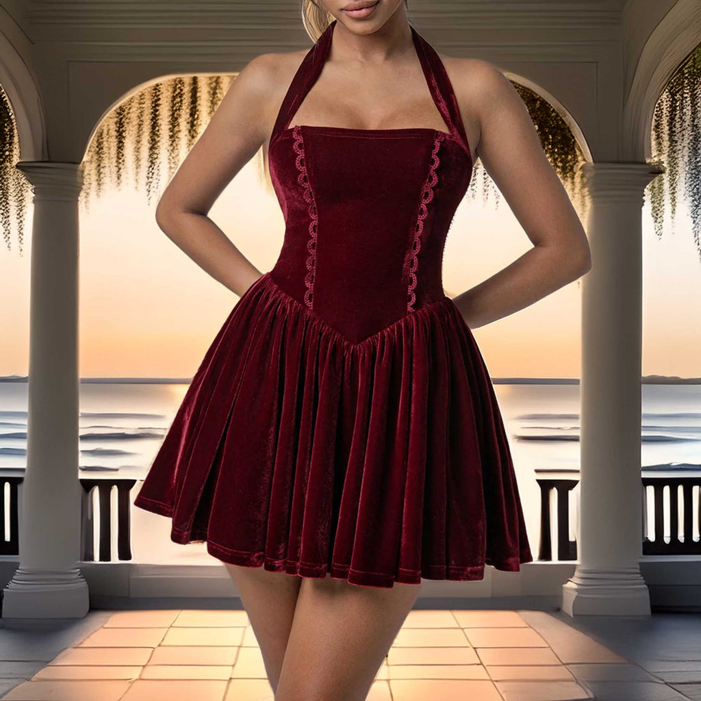 Velvet Halter Skater Dress