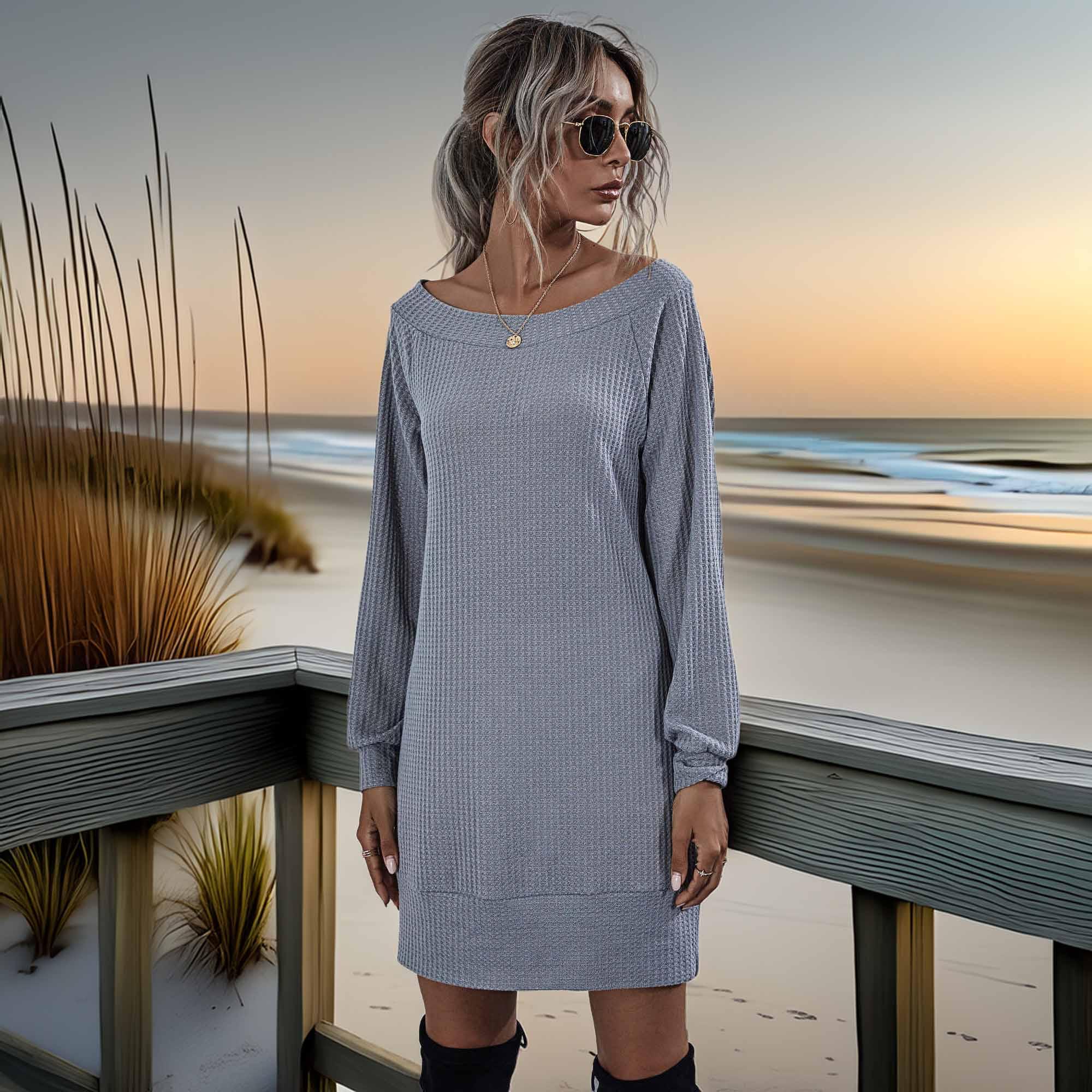 Waffle-Knit Boat Neck Mini Dress for Summer - Southern Shores Clothing