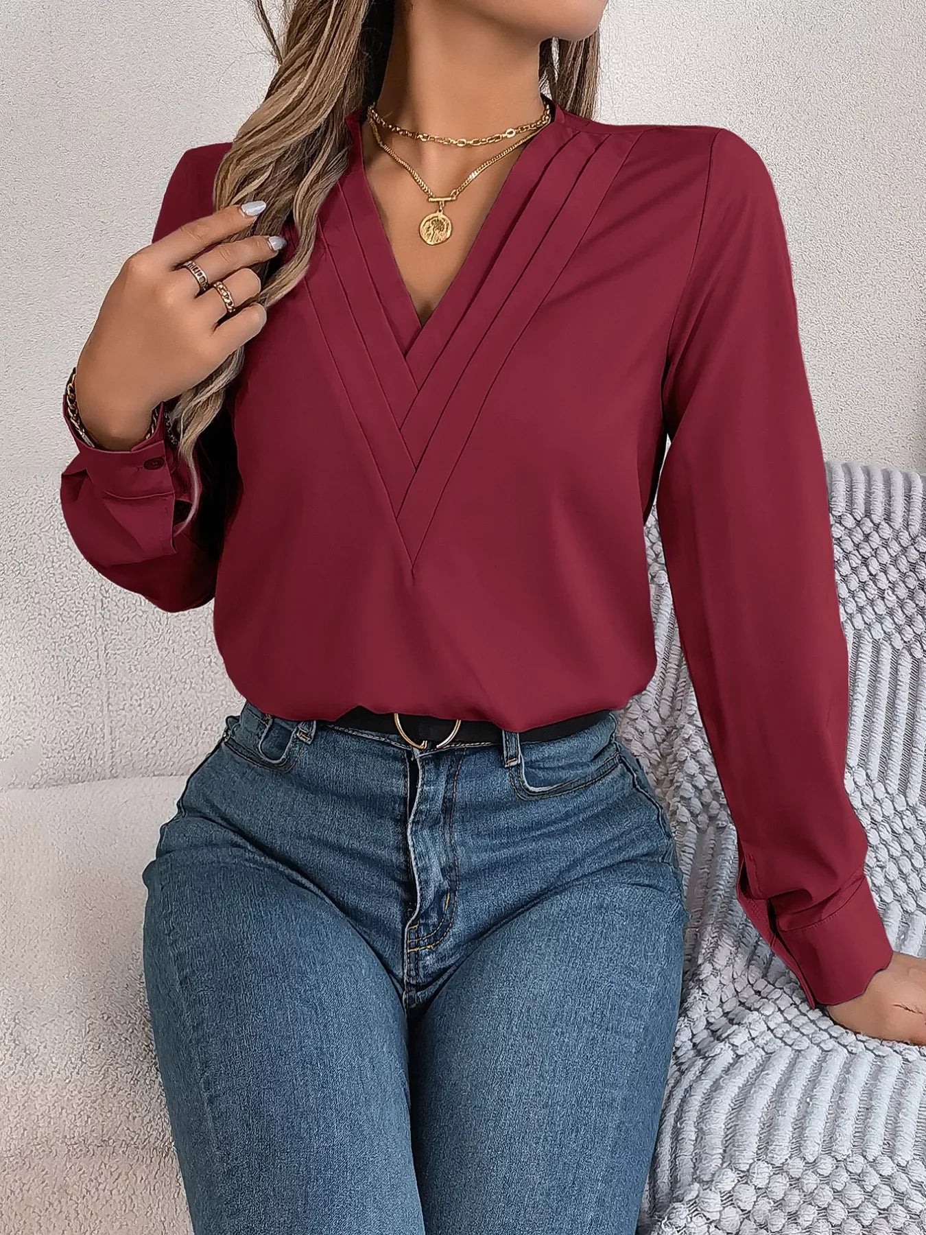 Layered V-Neck Long Sleeve Polyester Blouse - Southern Shores Clothing