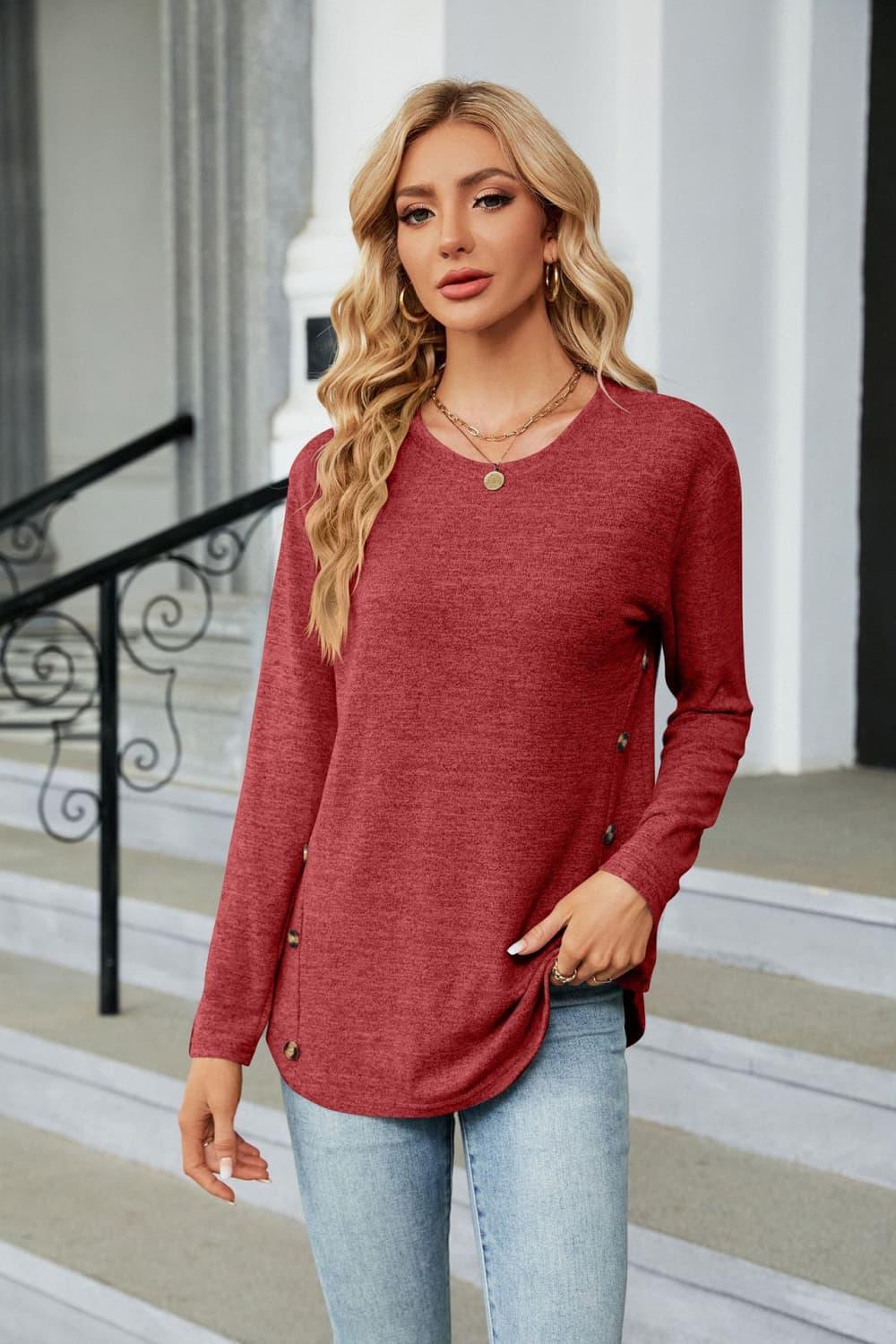 Round Neck Long Sleeve T Shirt With Button Detail - Southern Shores Clothing