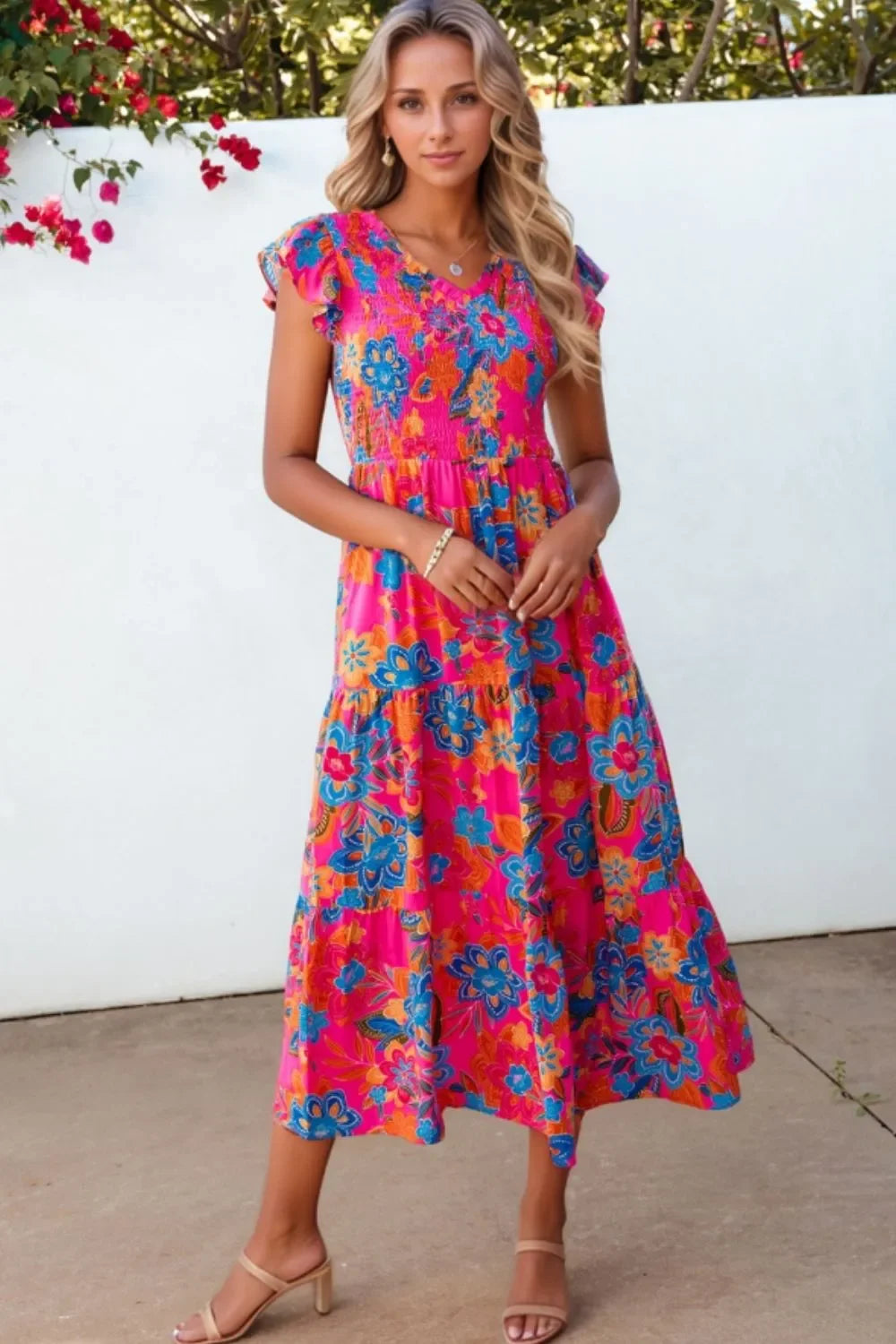Boho Floral V-Neck Ruffle Tiered Flutter Sleeve Maxi Dress - Southern Shores Clothing