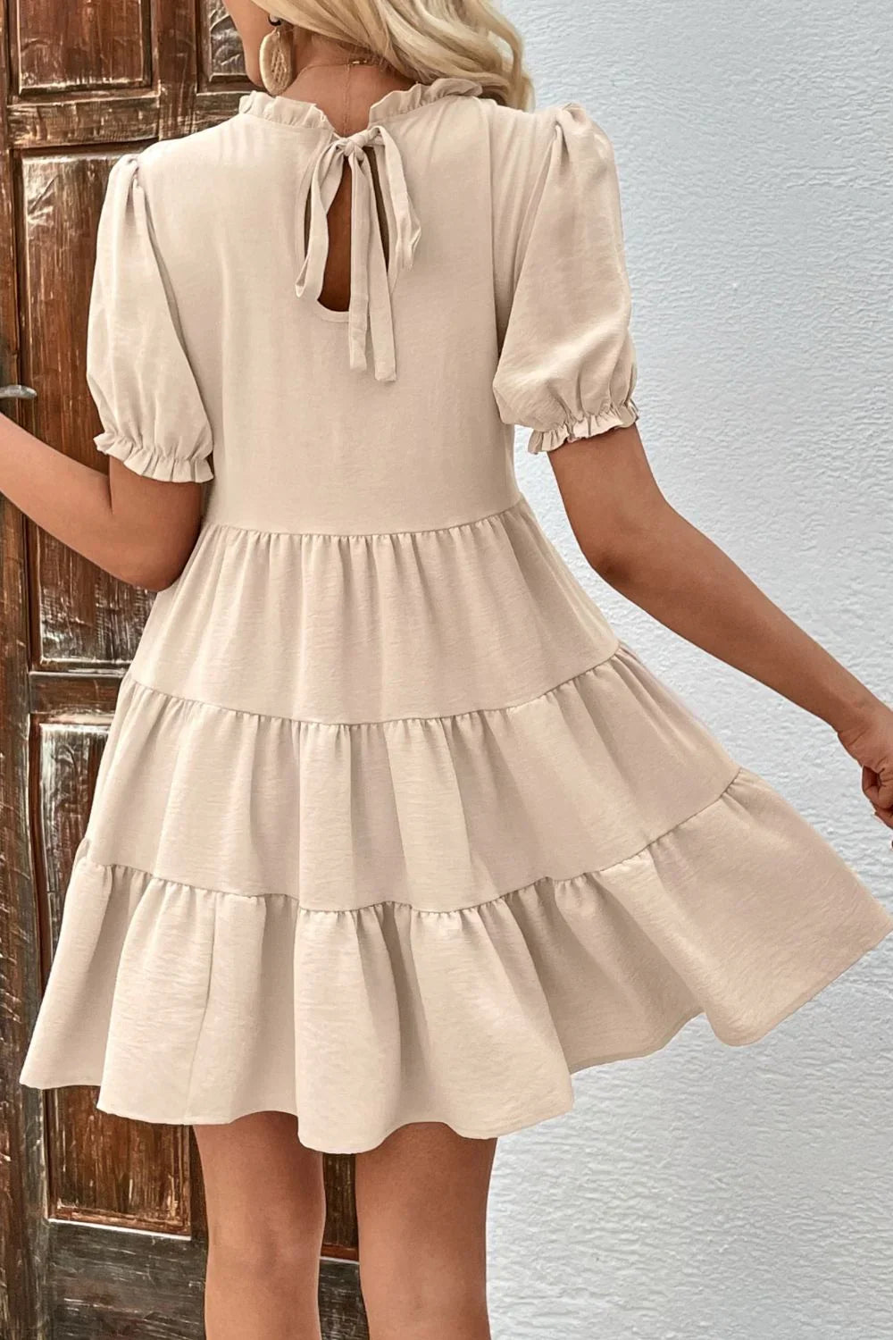 Perfee Puff Sleeve Tie Back Tiered Dress - Southern Shores Clothing